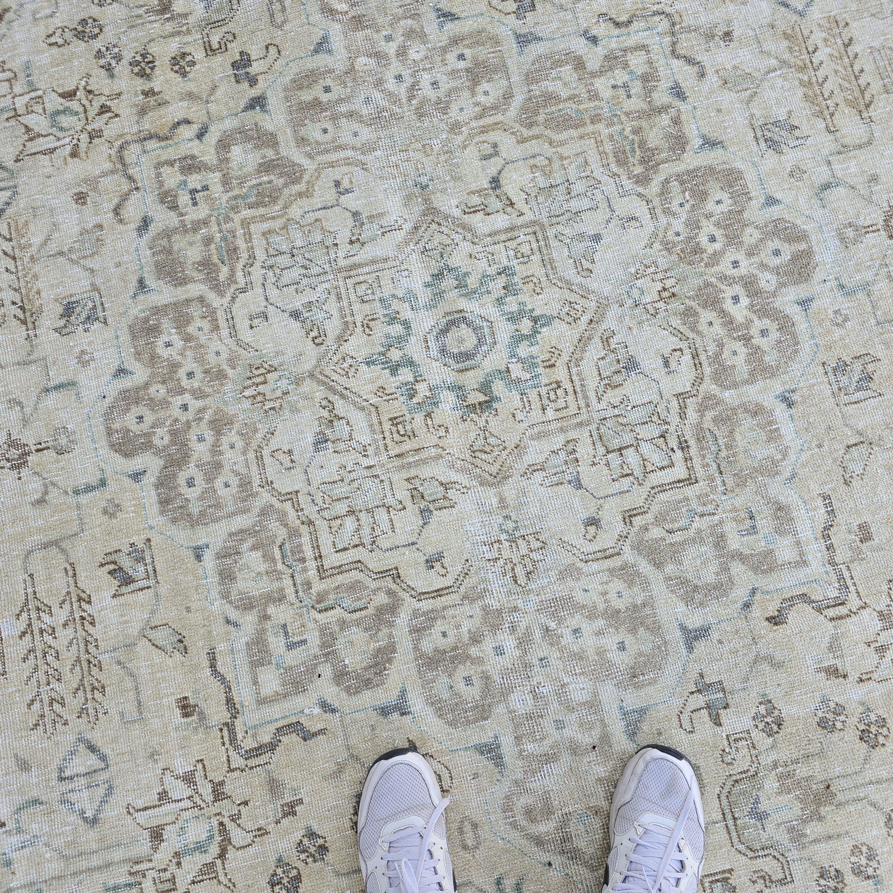 Persian Rug 9x12 Beige Blue Tabriz Geometric Medallion Vintage Hand Knotted Oriental Area Carpet