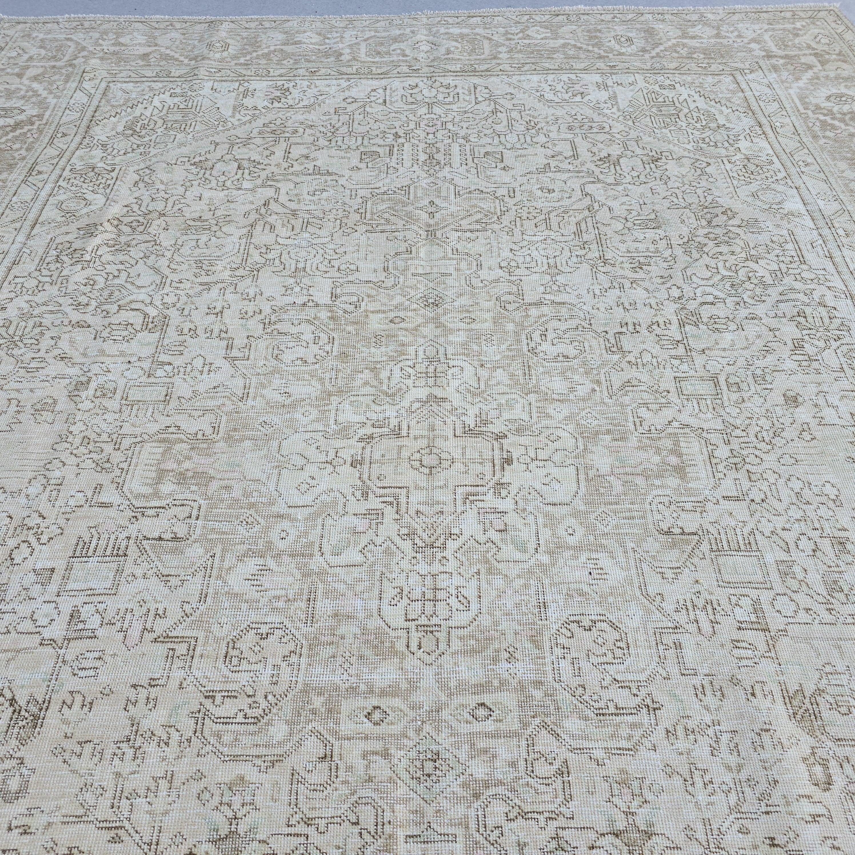 Neutral Oushak Rug 9x12: Vintage Hand-Knotted Turkish Wool Carpet