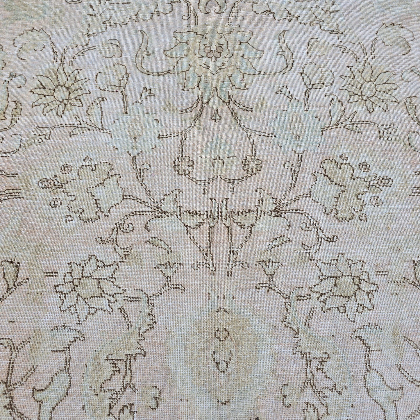 Turkish Rug 9x12 Soft Pink Beige Floral Vintage Hand Knotted Oushak Living Room Carpet