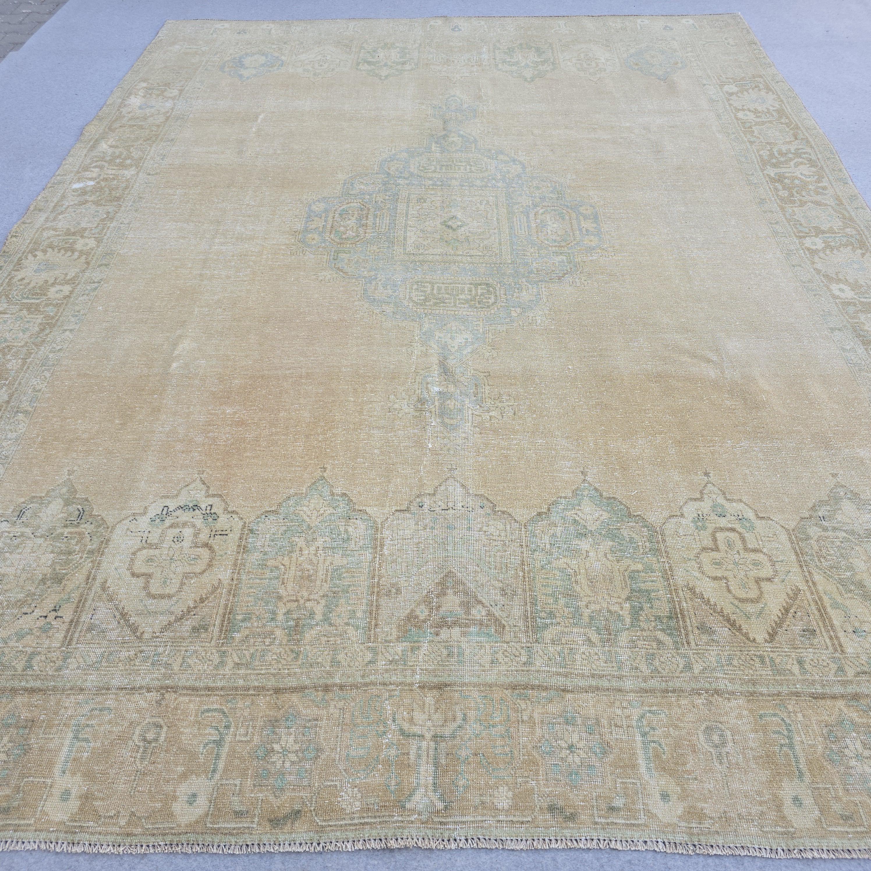 9x12 Turkish Rug Muted Blue Cream Beige Persian Area Rug Bedroom Scandinavian Decor