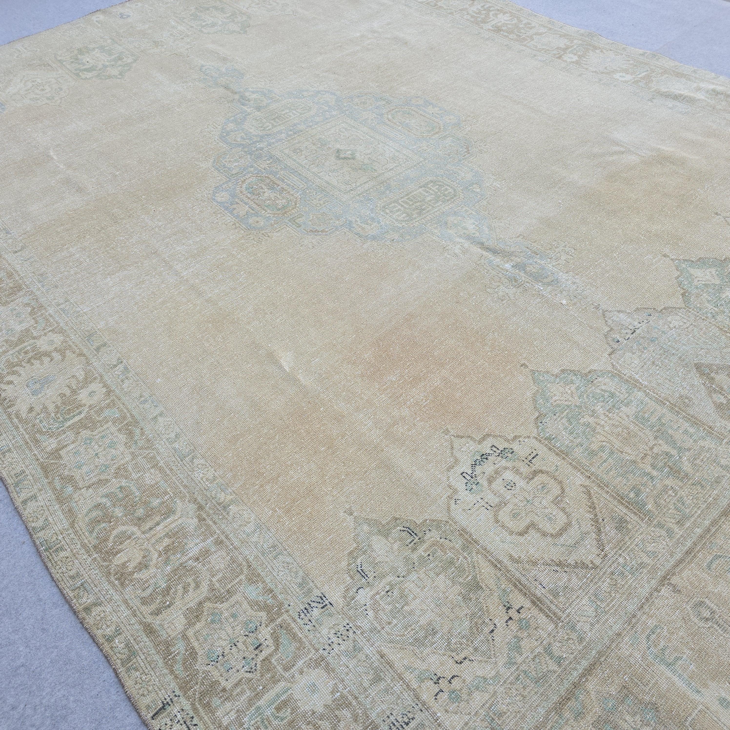 9x12 Turkish Rug Muted Blue Cream Beige Persian Area Rug Bedroom Scandinavian Decor