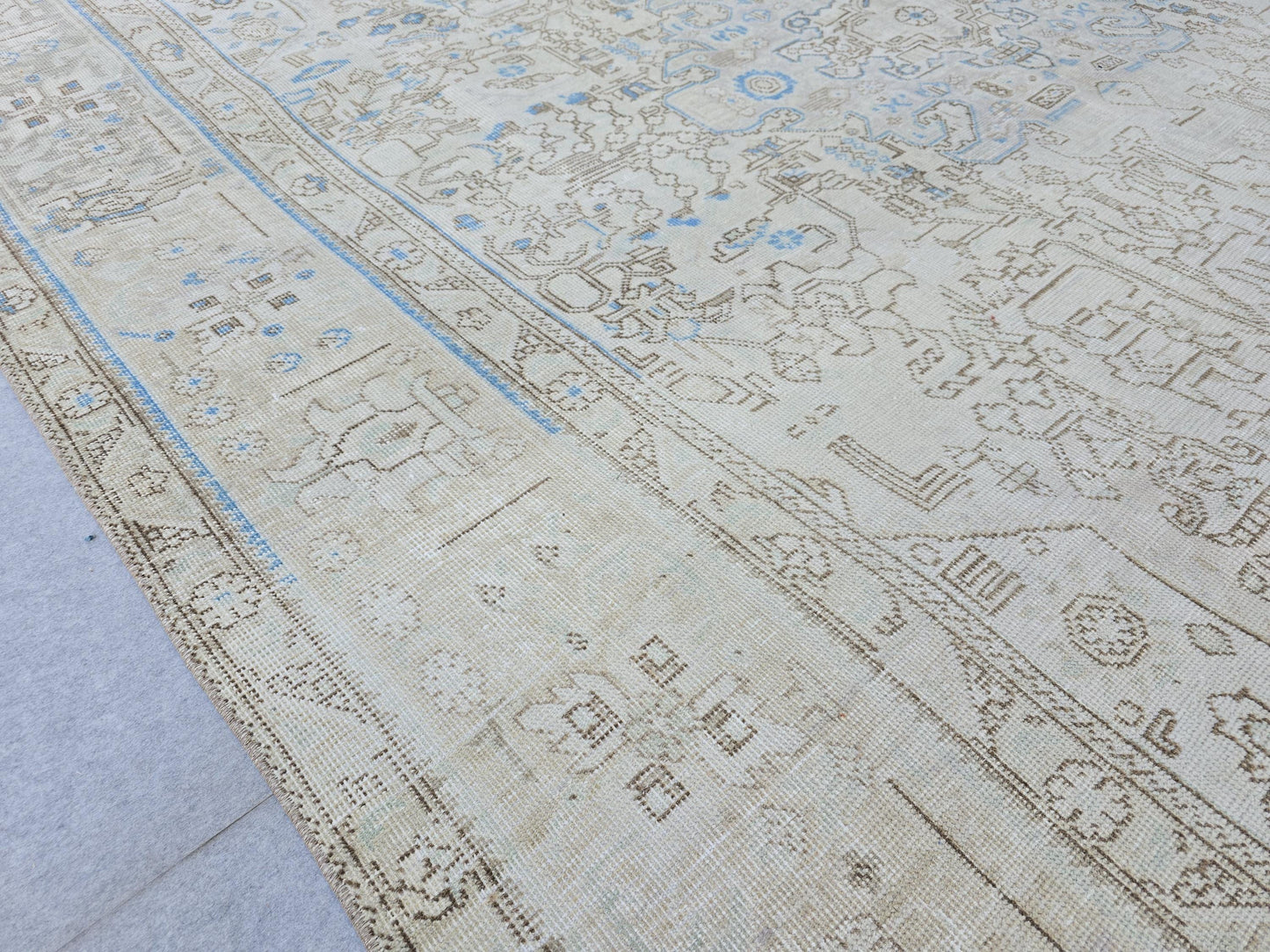 9x12 Neutral Area Rug Vintage / Beige and Blue Handmade Wool Oushak Rug