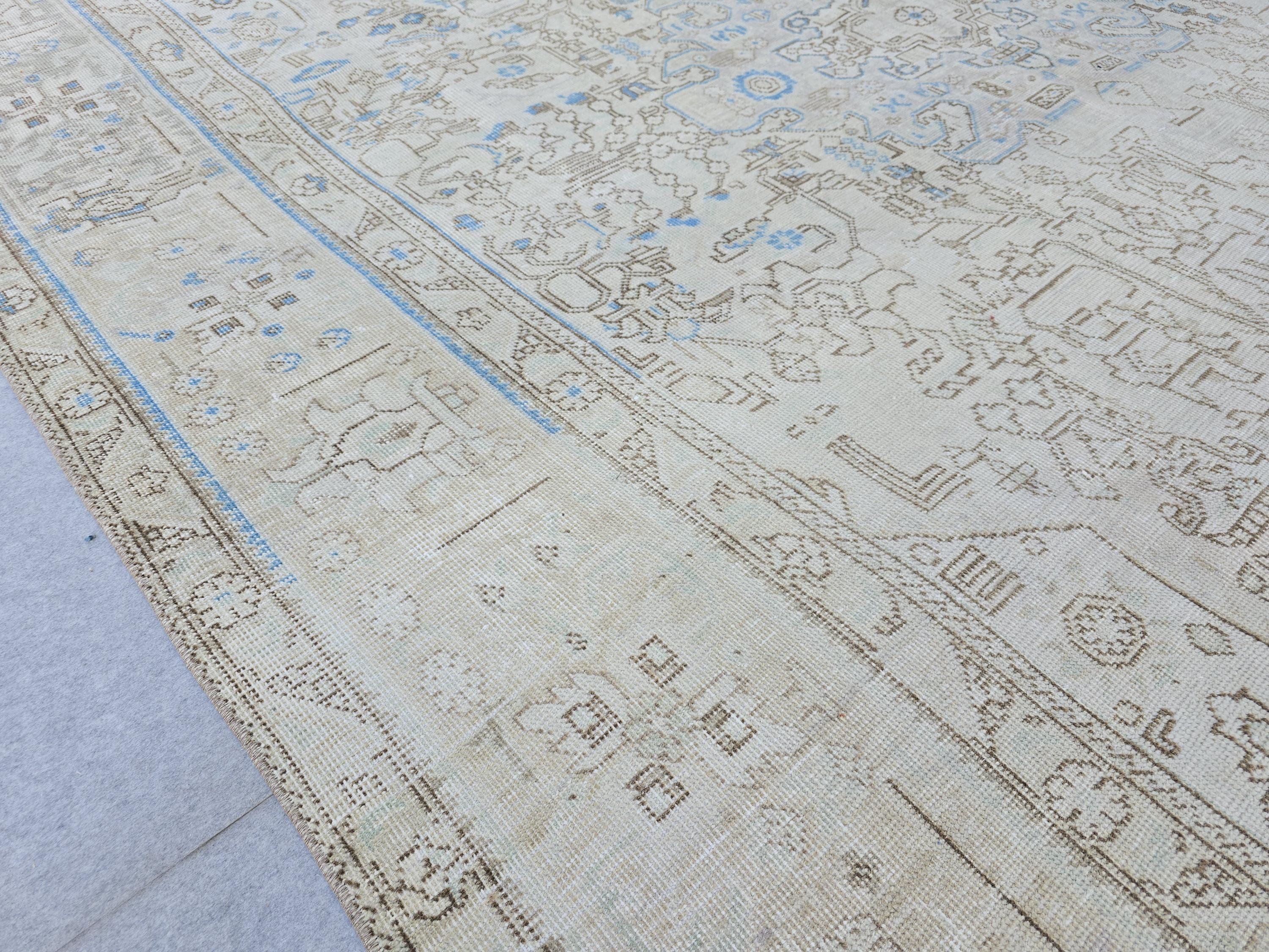 9x12 Neutral Area Rug Vintage / Beige and Blue Handmade Wool Oushak Rug