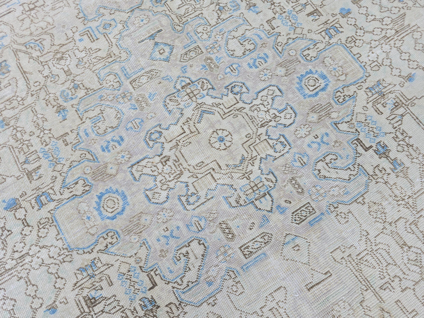 9x12 Neutral Area Rug Vintage / Beige and Blue Handmade Wool Oushak Rug