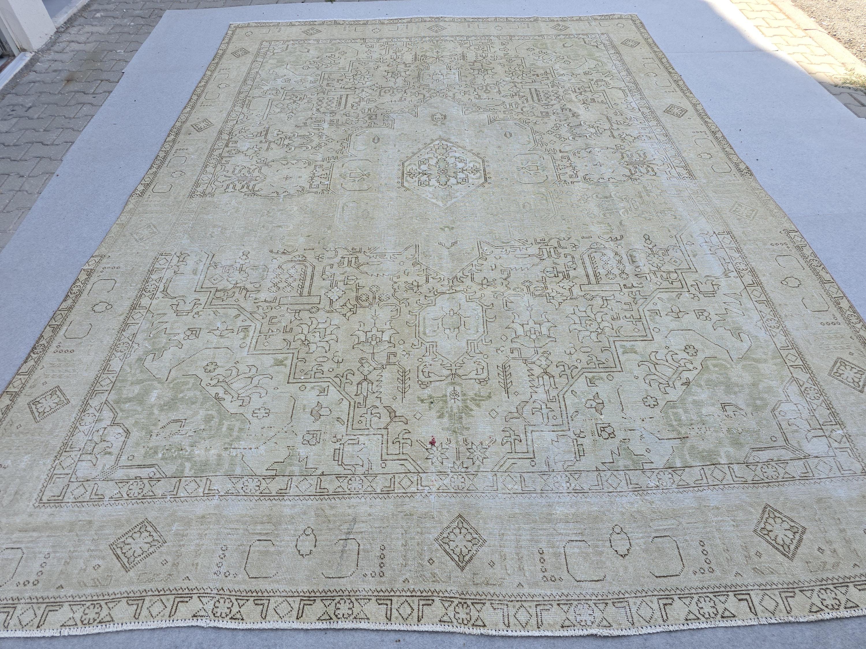 Vintage Oushak Rug 9x13  Neutral Cream Geometric Hand Knotted Turkish Wool Area Rug