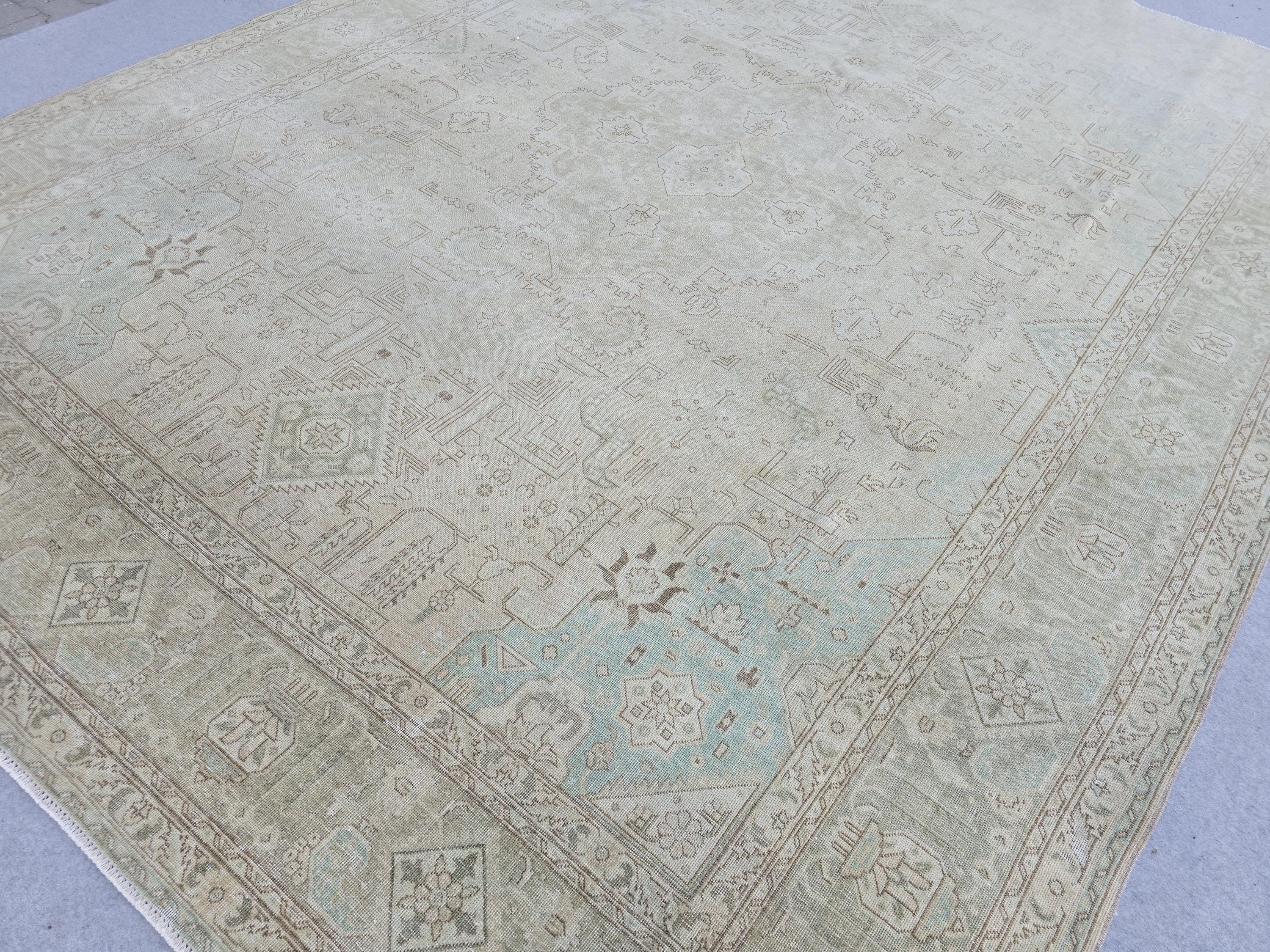 Muted Vintage Rug 10x12 Cream Turquoise Turkish Hand Knotted Wool Area Carpet