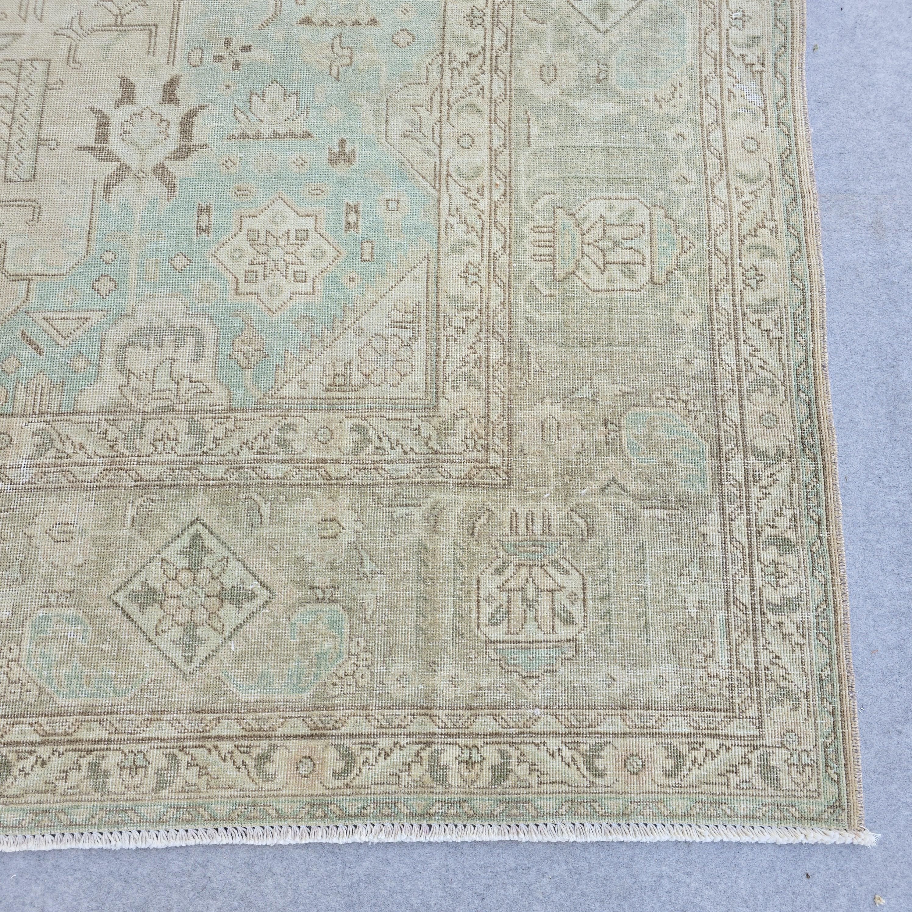Muted Vintage Rug 10x12 Cream Turquoise Turkish Hand Knotted Wool Area Carpet