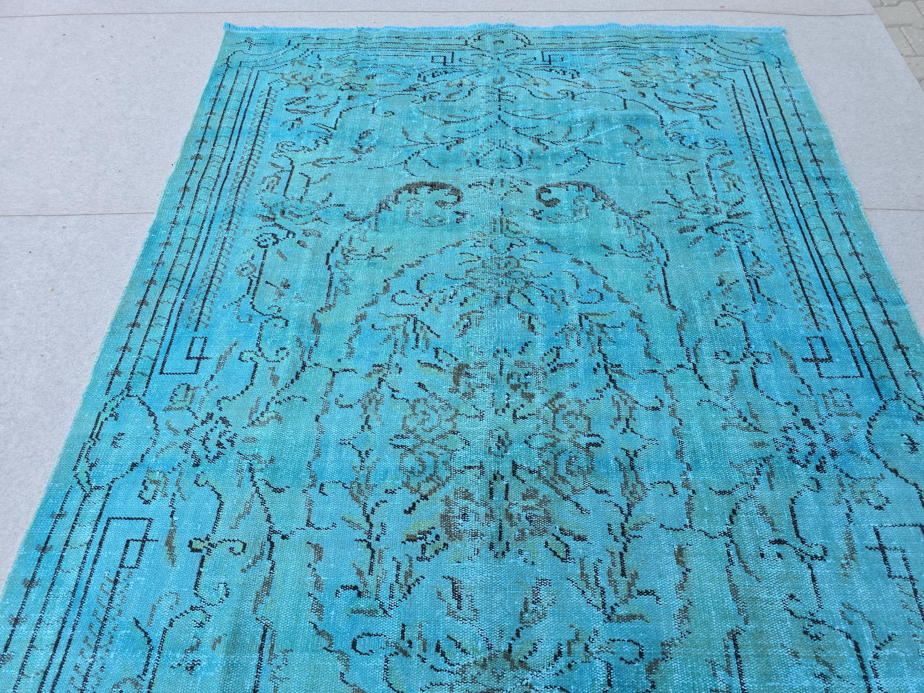 Vintage Overdyed Turquoise Turkish Rug - 6x9.6 ft Handknotted