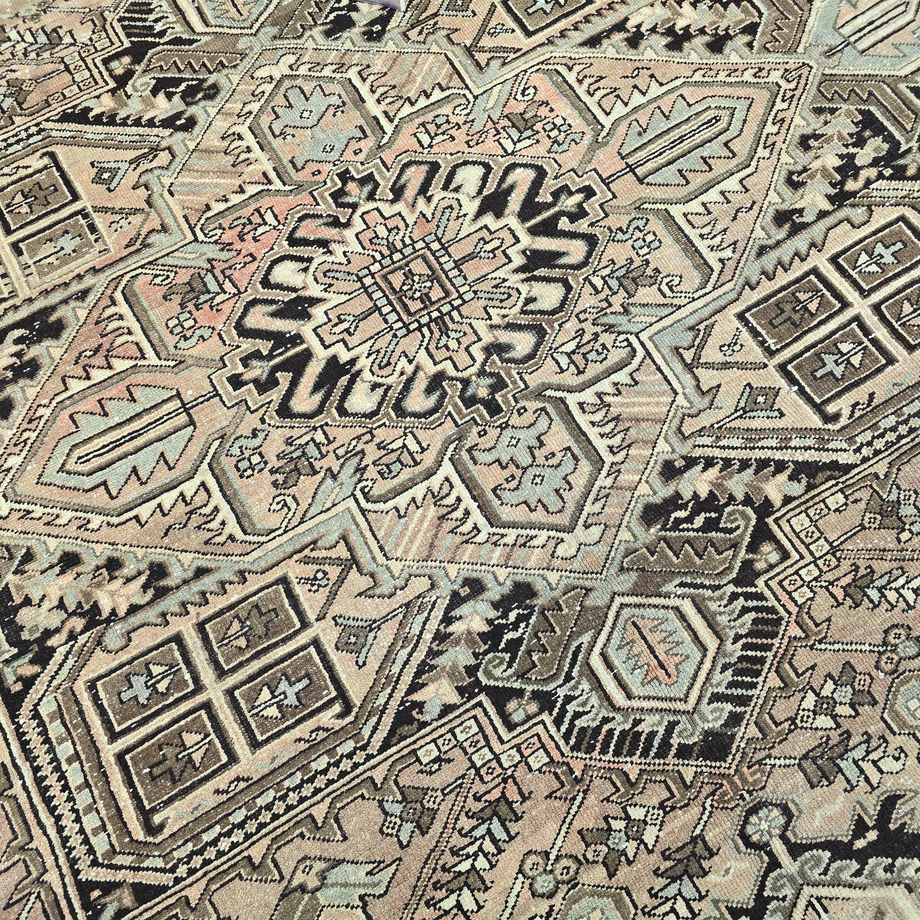 Antique Heriz Turkish Rug: Large Handknotted Medallion Wool Carpet (10x12)