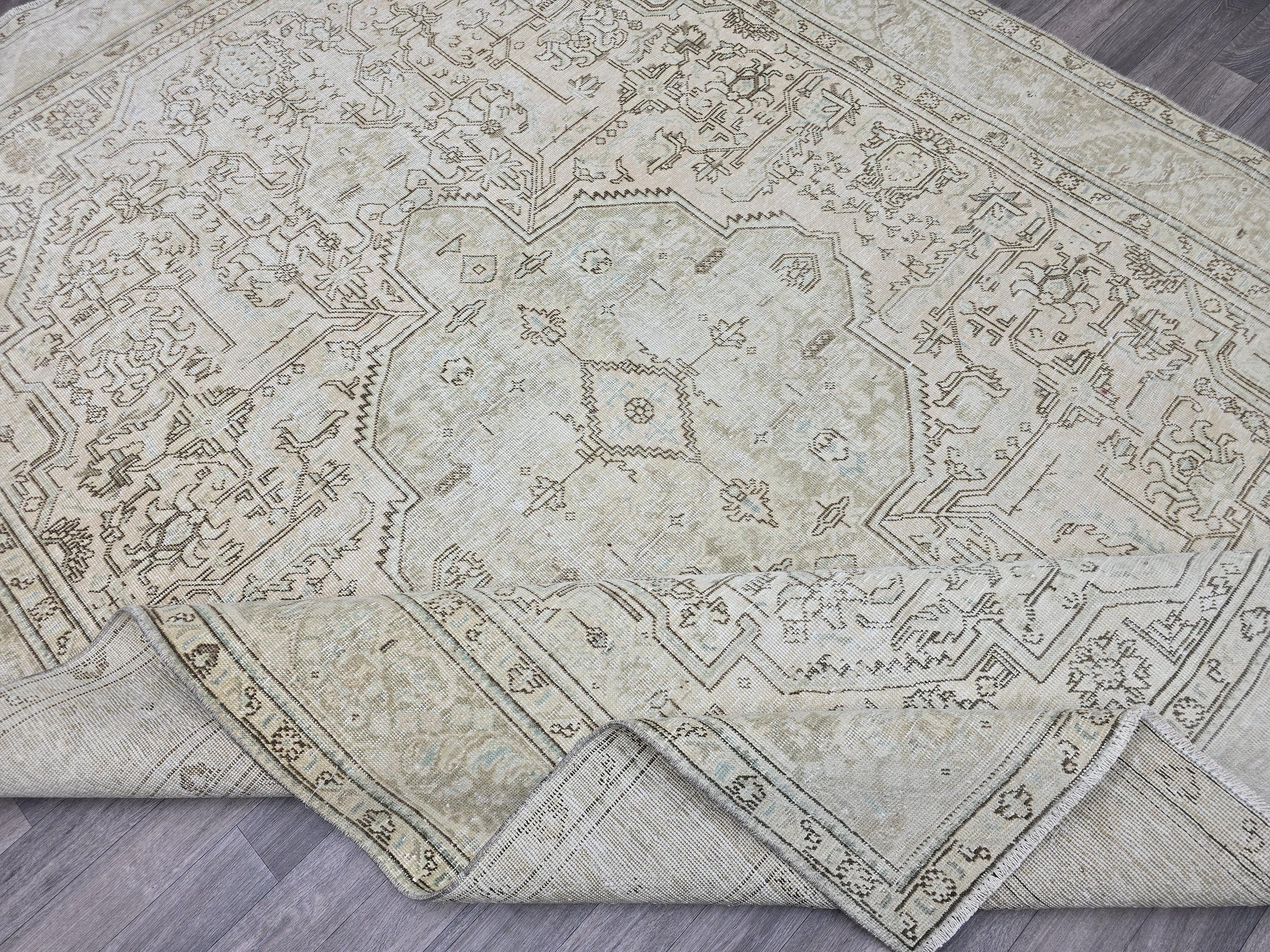 Large Vintage Oushak Rug 8x11 Neutral Beige Turkish Area Rug Living Room