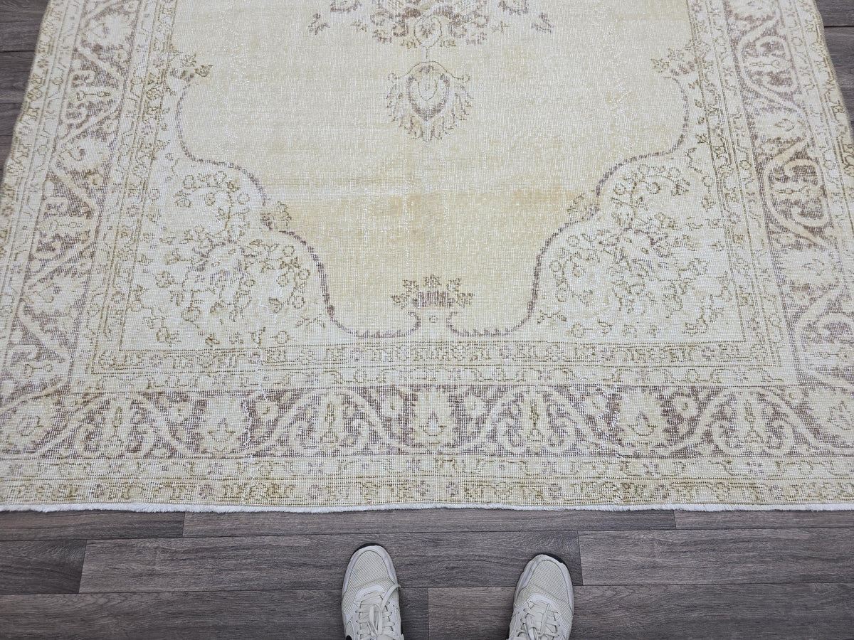 7x10 Vintage Turkish Oushak Rug 7x10: Neutral Medallion Turkish Carpet beige brown