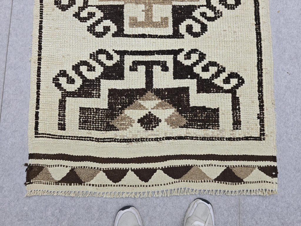 Vintage Anatolian Wool Runner, Hand-Knotted Tree of Life, Cream Brown Boho Hallway Rug
