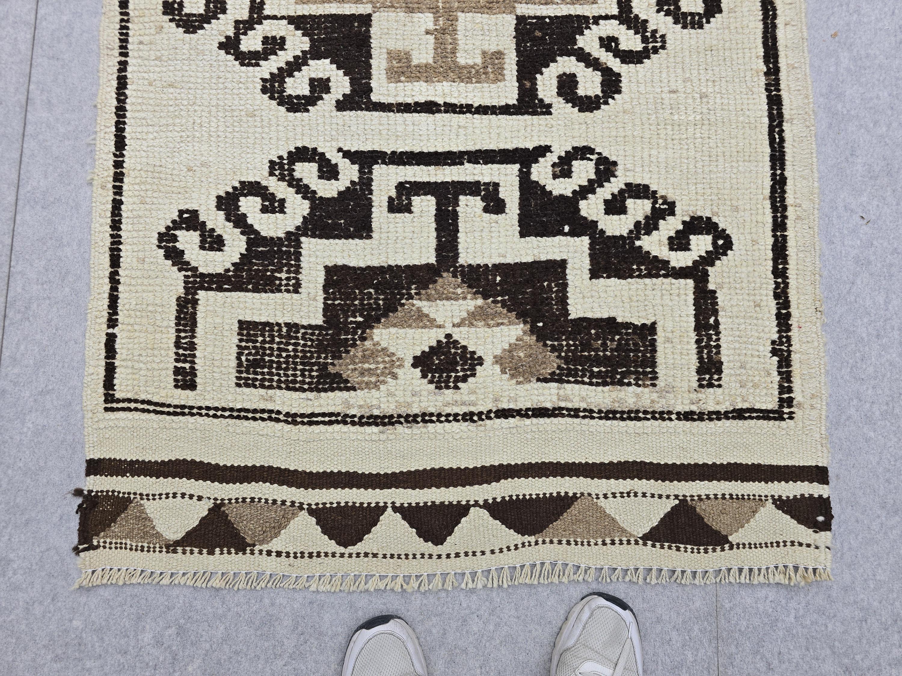Vintage Anatolian Wool Runner, Hand-Knotted Tree of Life, Cream Brown Boho Hallway Rug