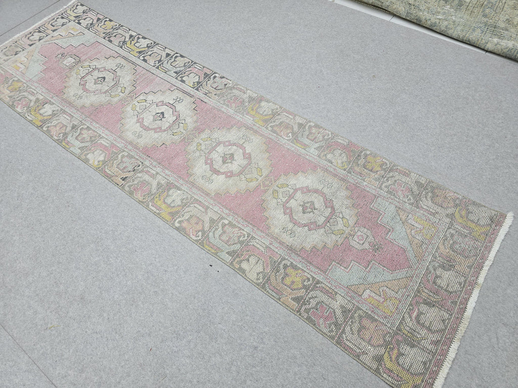 Turkish Rug 3x10, Pastel Pink Runner Rug, Hand Knotted Wool Oushak Runner, Faded Muted Hallway Rug, Vintage Boho Nursery Stair Anatolian rug