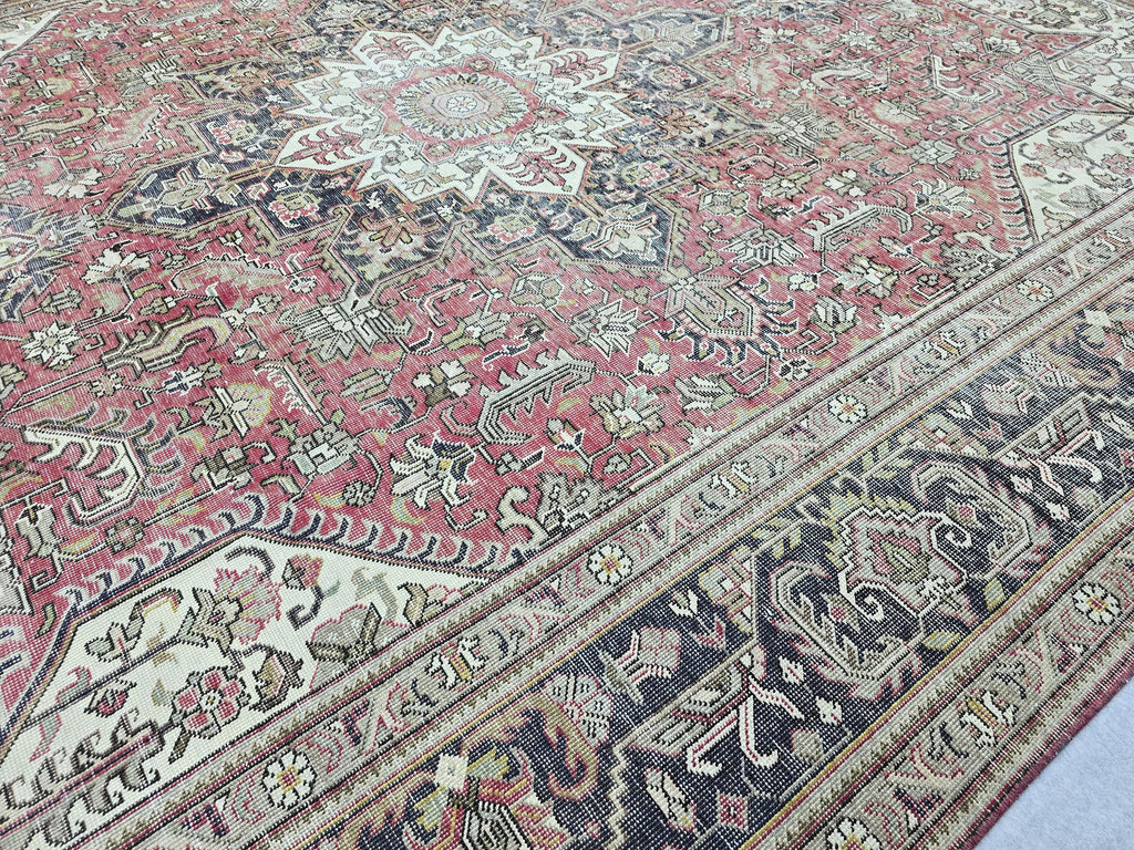 Vintage Hand-Knotted Wool Rug, Red Medallion Turkish Carpet, 9x13 Living Room Area Rug