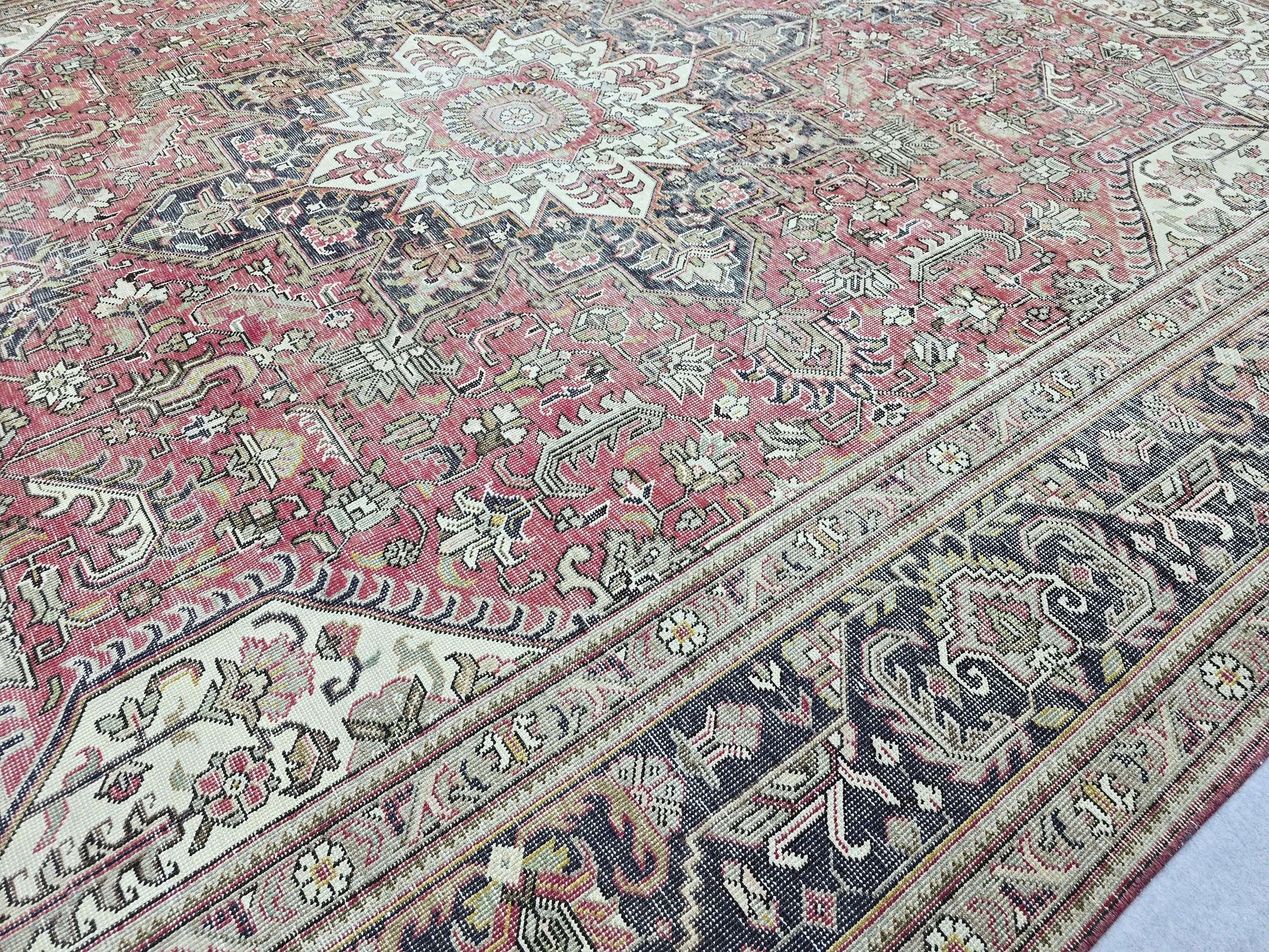 Vintage Hand-Knotted Wool Rug, Red Medallion Turkish Carpet, 9x13 Living Room Area Rug