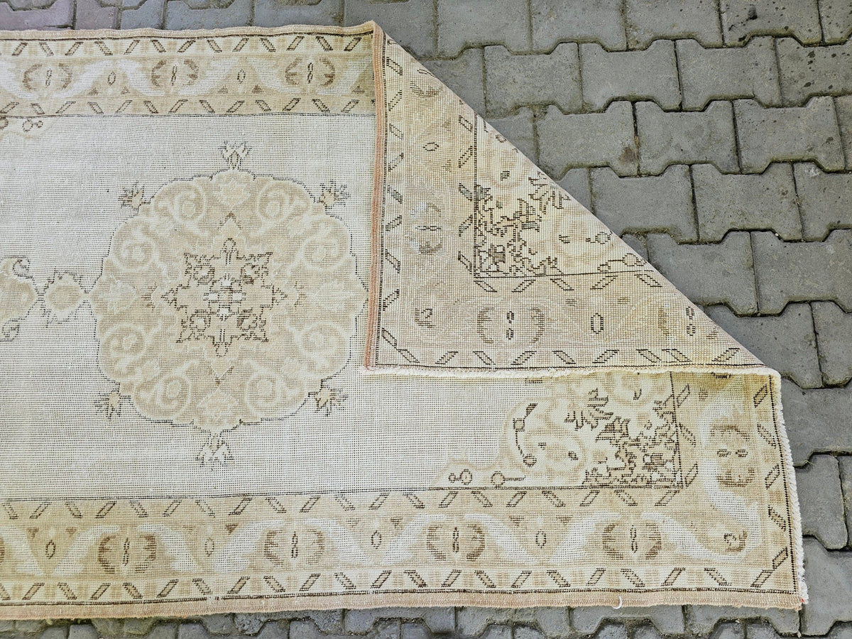 4x7 Hand-Knotted Wool Turkish Rug: Neutral Vintage Entryway Rug