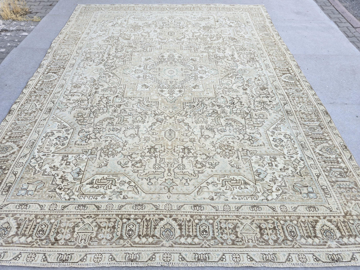 Turkish Rug 9x12, Hand Knotted Vintage Wool Rug, Cream Beige Blue Medallion Area Rug for Living Room, Large Oversized Oriental Carpet