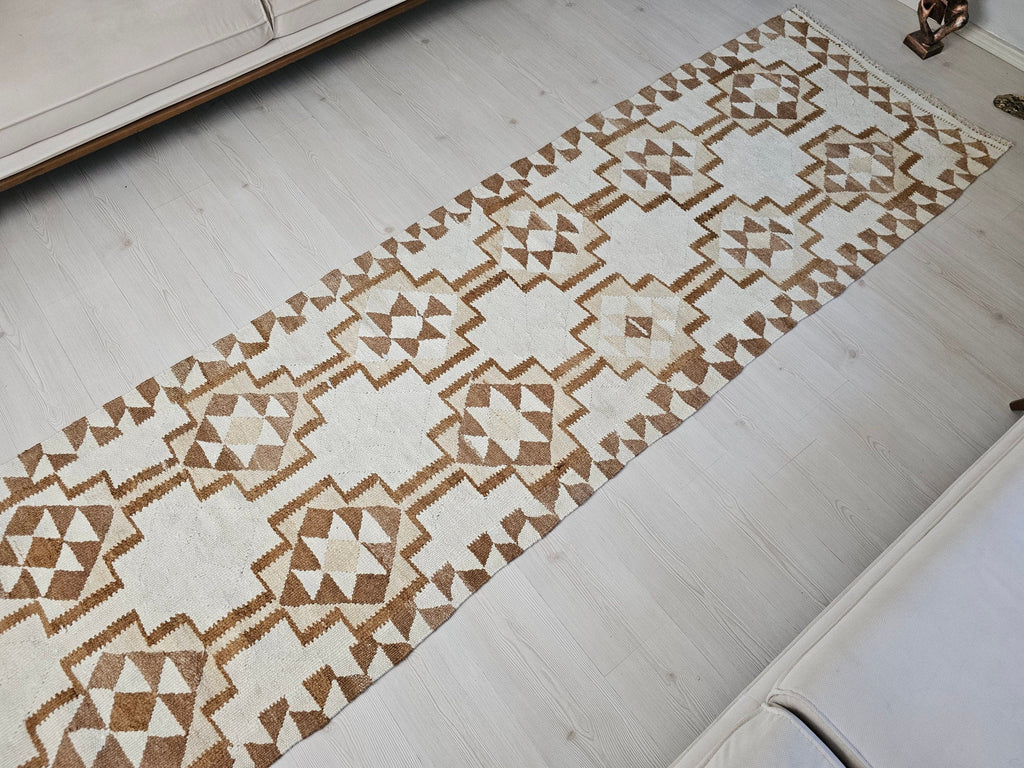 Vintage Turkish Oushak Runner Rug: Neutral Geometric Wool Hallway Rug (3.10x10.70 feet)
