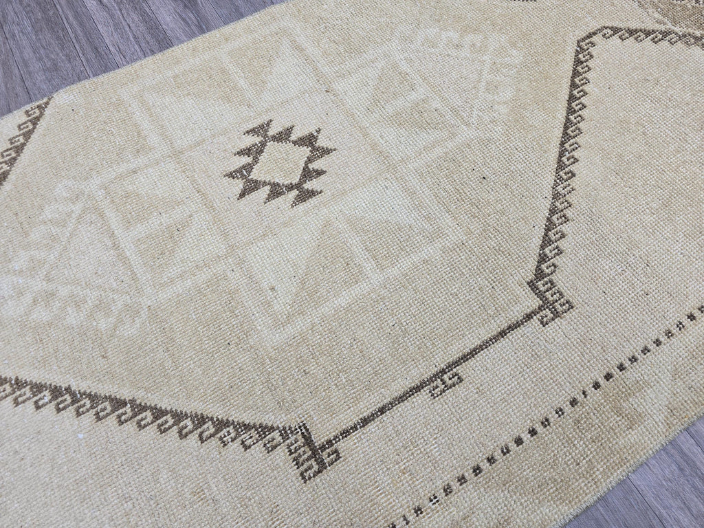 Vintage Anatolian Runner Rug: Cream Beige Wool Hallway Carpet, 3x13 Boho Rug