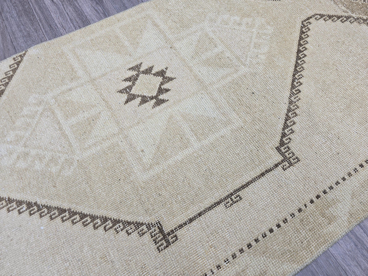 Vintage Anatolian Runner Rug: Cream Beige Wool Hallway Carpet, 3x13 Boho Rug