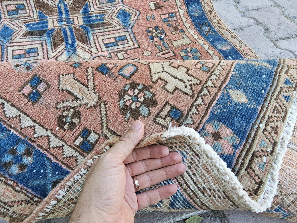 Antique Wool Runner Rug: Hand-Knotted Geometric Design (3.50x10.60 ft)