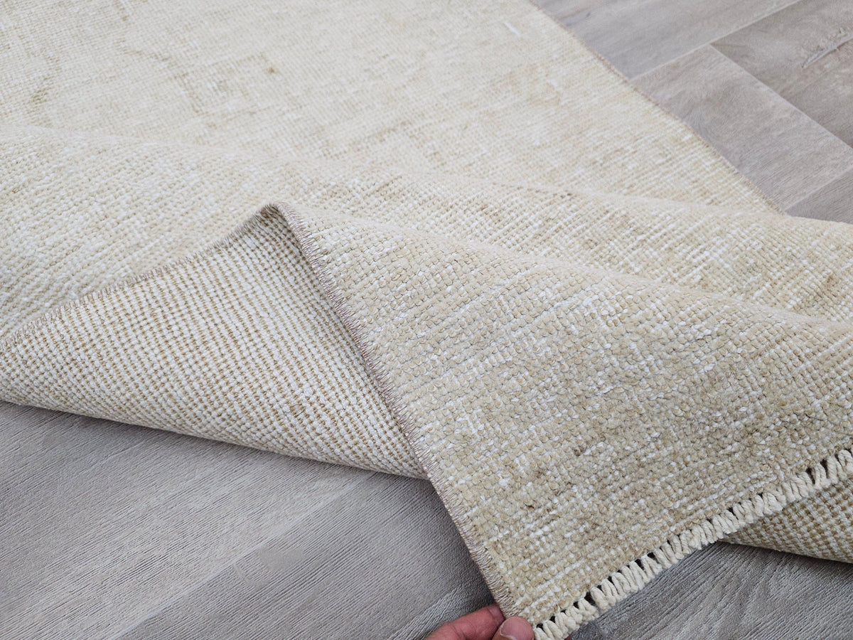 Hand Knotted Wool Oushak Runner Rug: 3x11 Cream Beige Turkish Rug