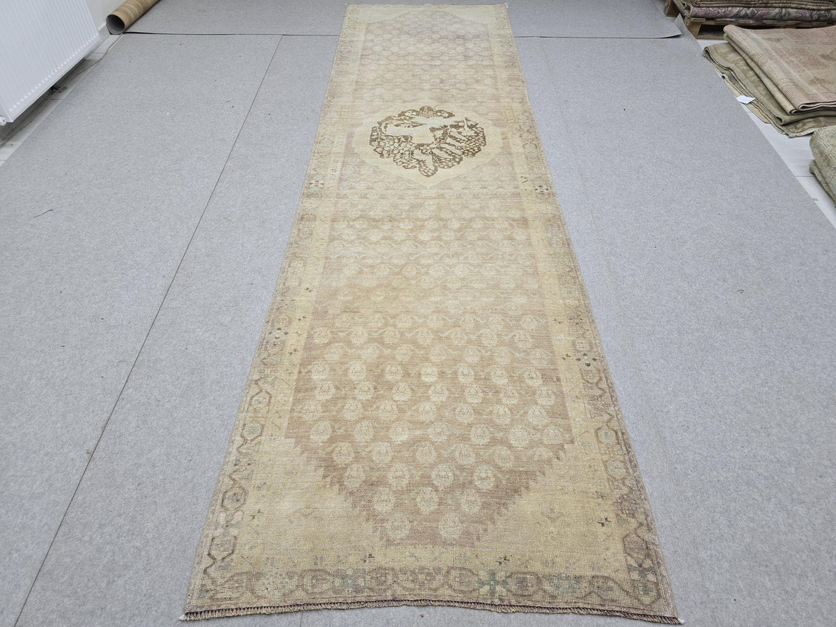 Turkish Rug 4x13, Neutral Runner Rug, Faded Hand Knotted Wool Oushak Runner, Muted Beige Lilac Hallway Rug, Vintage Boho Corridor Carpet