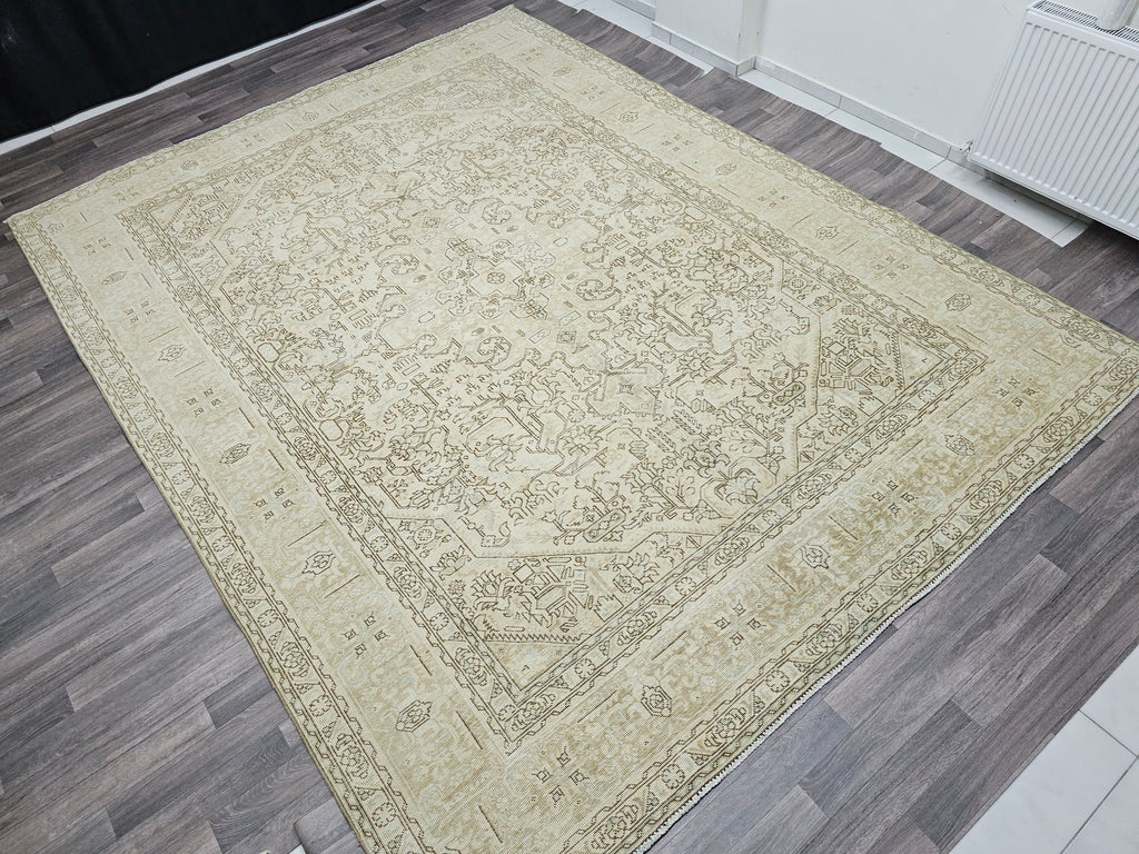 Oversize Hand Knotted Wool Rug: 9.60x12.60 ft. Vintage Turkish Geometric Carpet