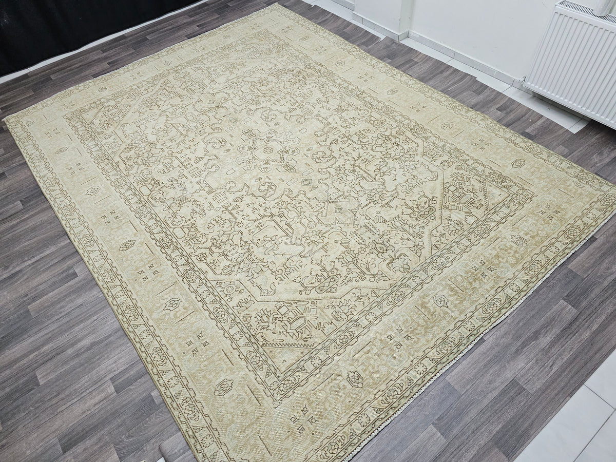 Oversize Hand Knotted Wool Rug: 9.60x12.60 ft. Vintage Turkish Geometric Carpet