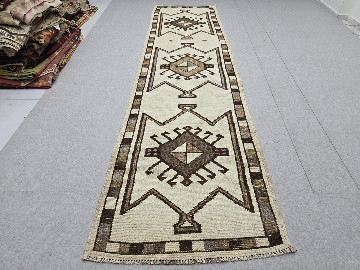 Turkish Rug 3x12 Runner, Hand Knotted Vintage Wool Hallway Runner, Neutral Ivory Brown Tribal Anatolian Stair Runner Boho Decor