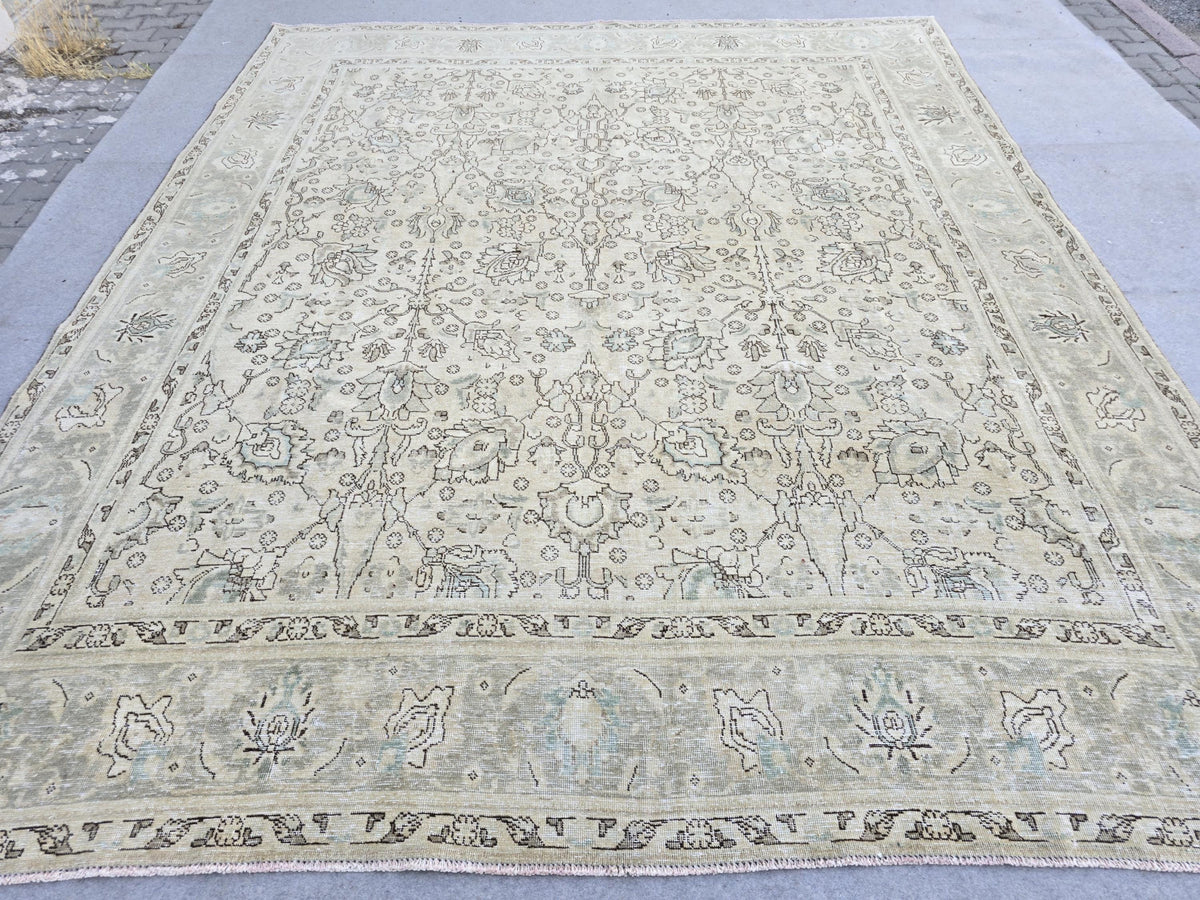 Turkish Rug 10x12, Neutral Oushak Rug, Sage Green Beige Rug, Hand Knotted Large Wool Carpet, Vintage Living Room Rug, Boho Decor