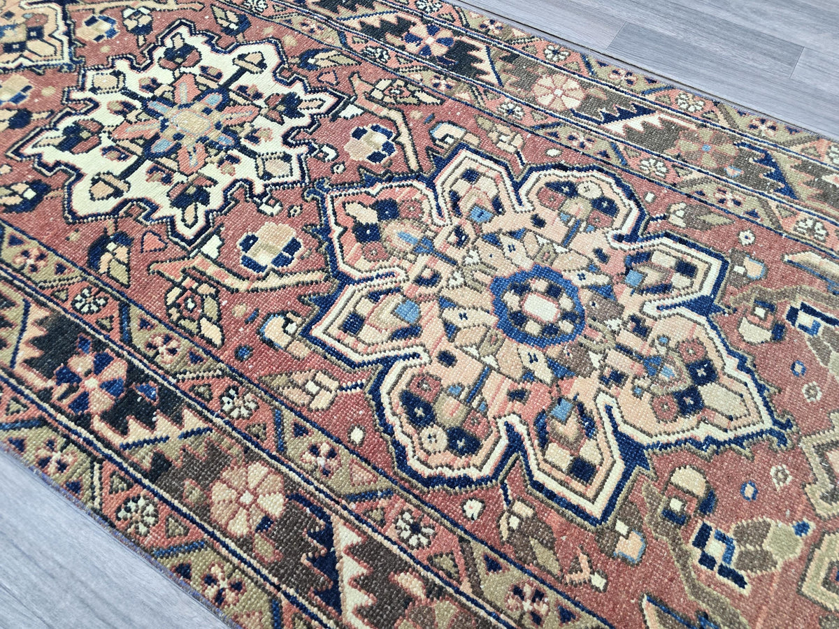 Antique Heriz Wool Runner: Hand-Knotted Pastel Hallway Rug (3.4' x 10.8')