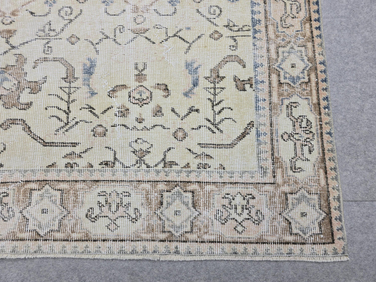 Vintage Turkish Oushak Rug 6x9, Hand Knotted Cream Blue Floral Carpet
