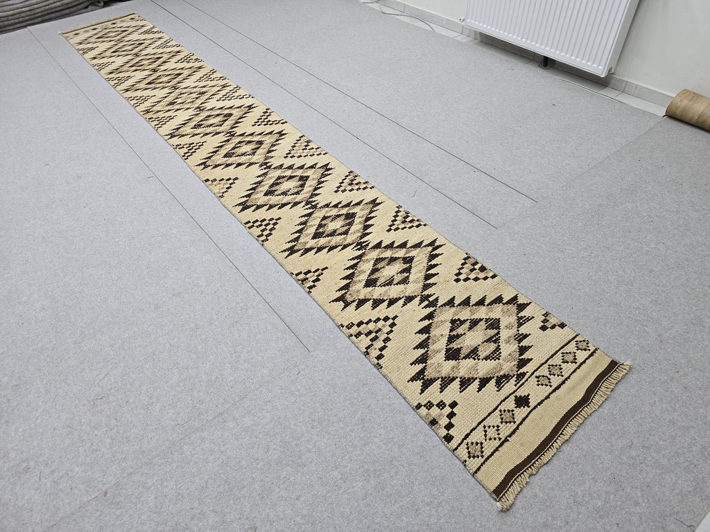 Oushak Runner 2x14, Hand Knotted Vintage Wool Extra Long Hallway Runner rug, Cream Brown Diamond Tribal Anatolian Runner, Boho runner