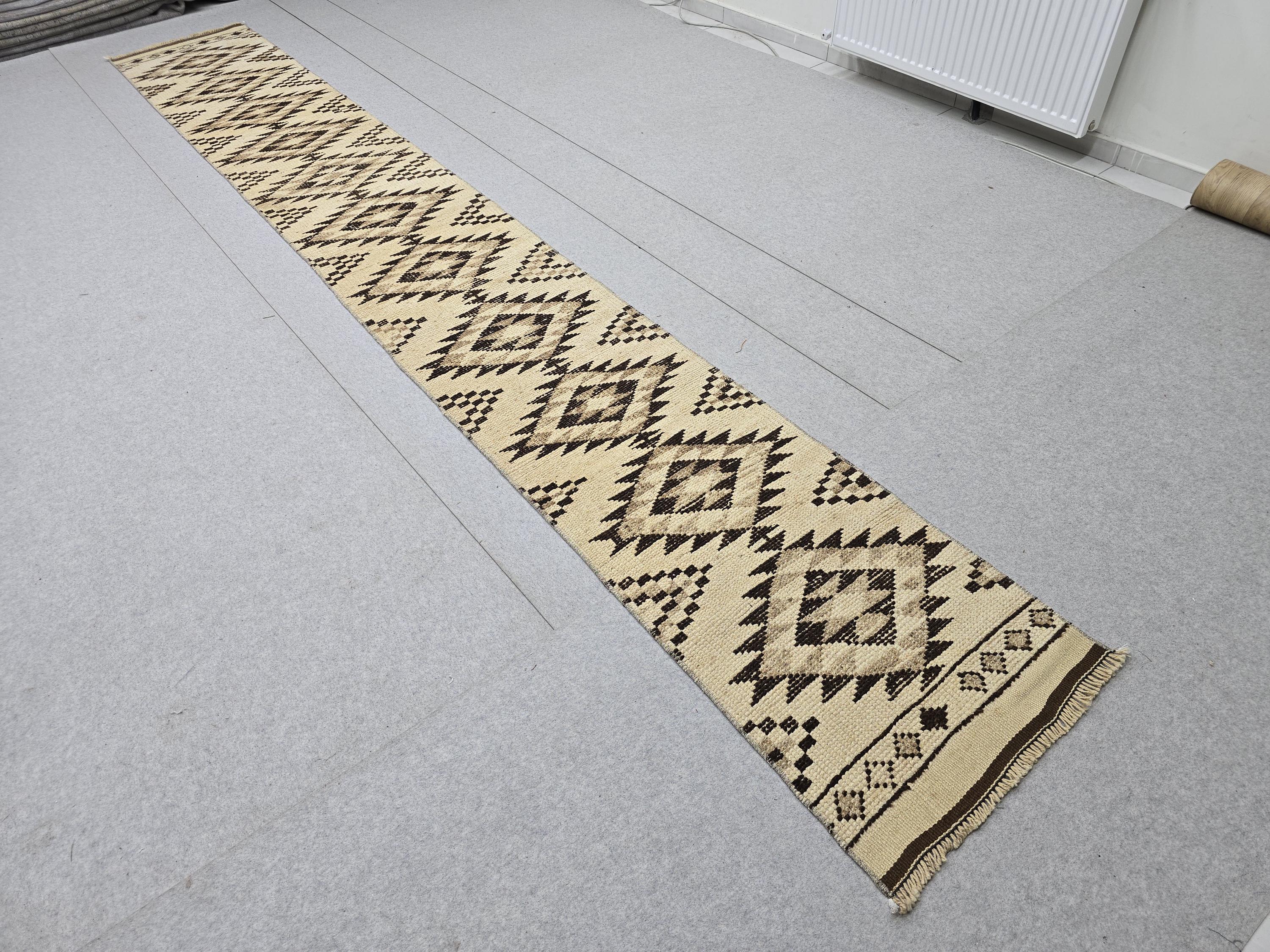 Oushak Runner 2x14, Hand Knotted Vintage Wool Extra Long Hallway Runner rug, Cream Brown Diamond Tribal Anatolian Runner, Boho runner