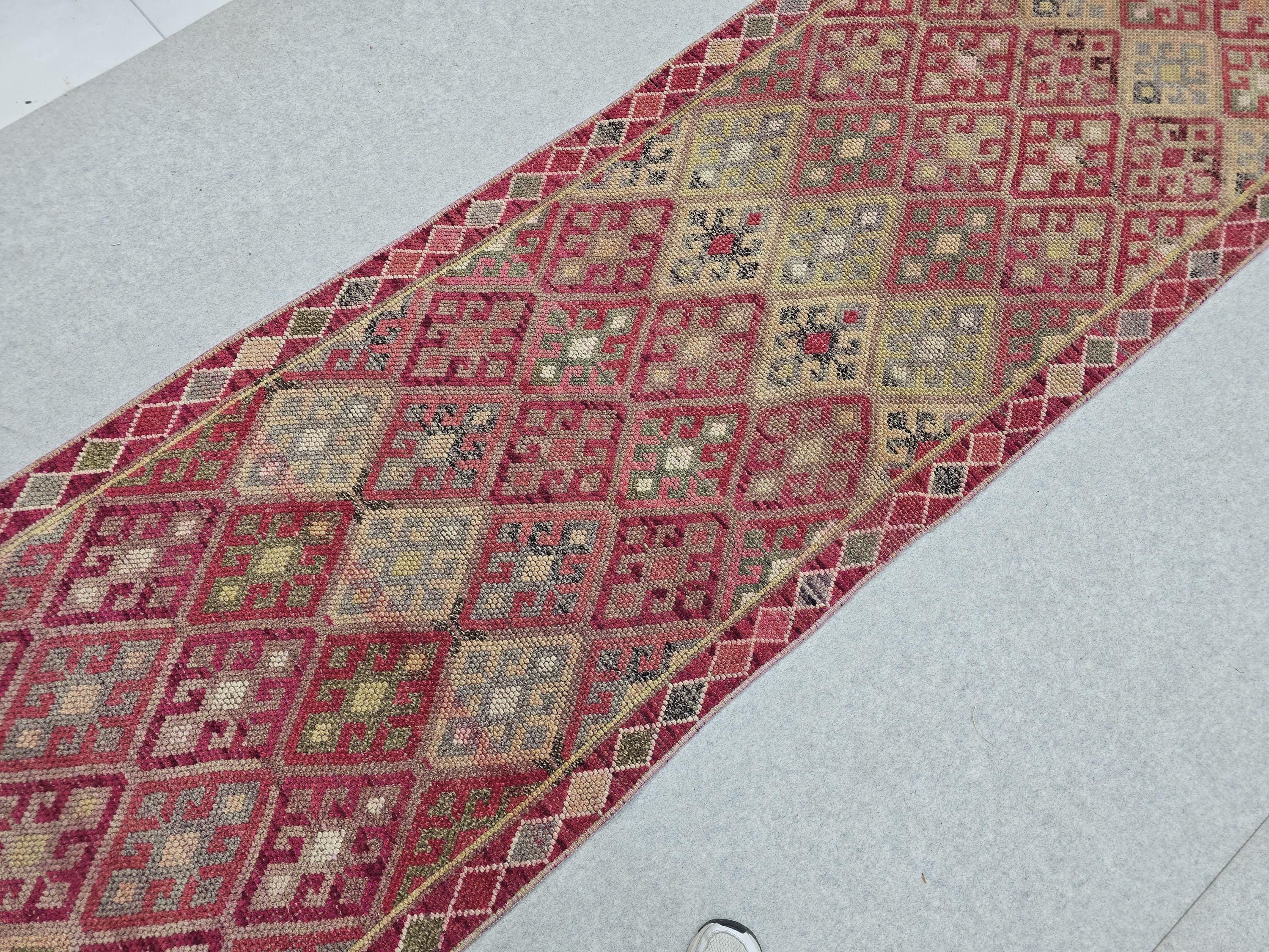 3x14 Vintage Oushak Runner Rug: Hand-Knotted Wool Turkish runner rug for Kitchen and Stairs - Long Hallway runner (2.75x14.4 ft)
