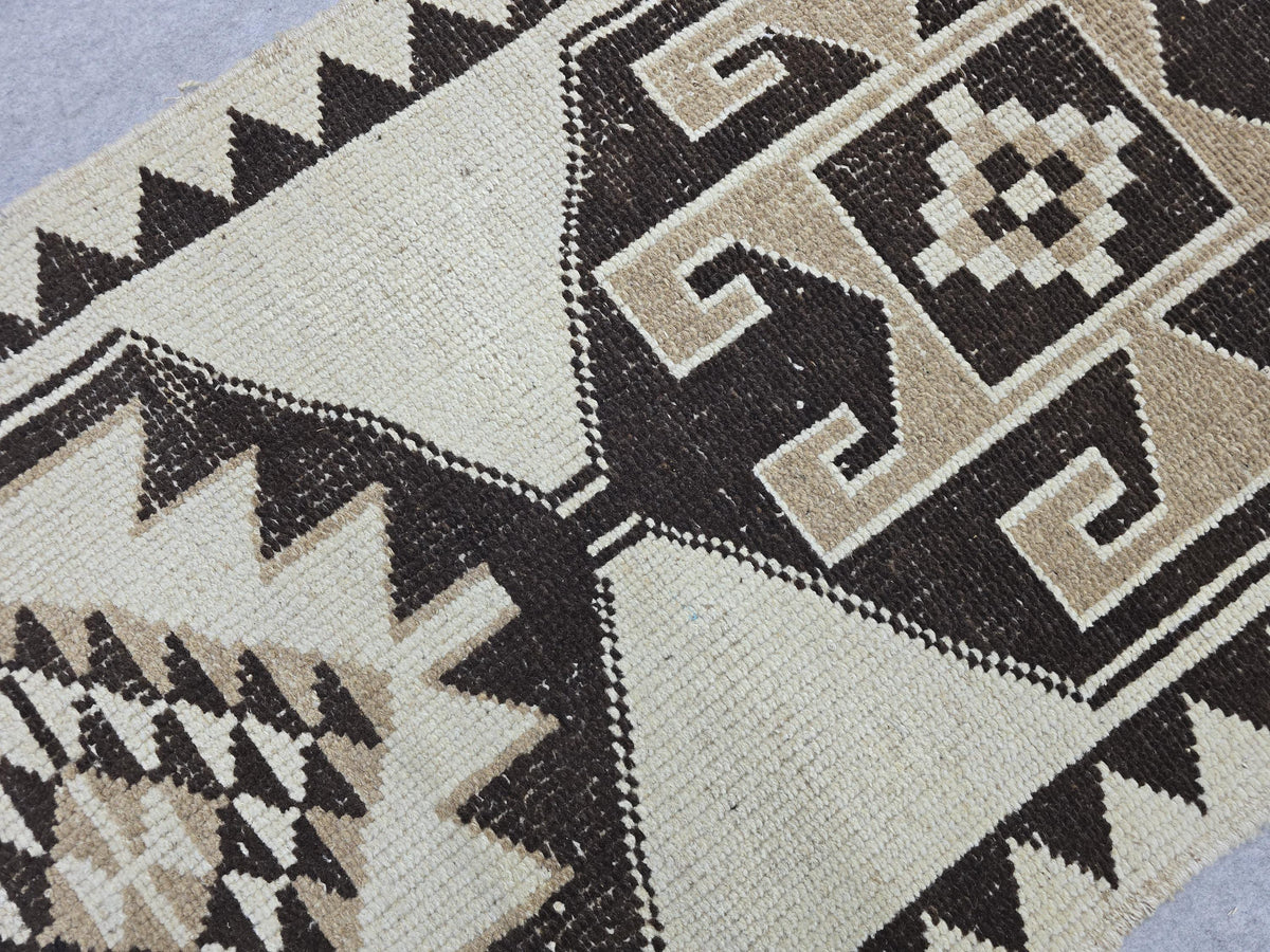 3x10 Vintage Turkish Runner Rug 3x10, Hand Knotted Tribal Wool Runner, Cream Brown Hallway Rug, Anatolian Oushak Runner, Boho Kitchen Runner