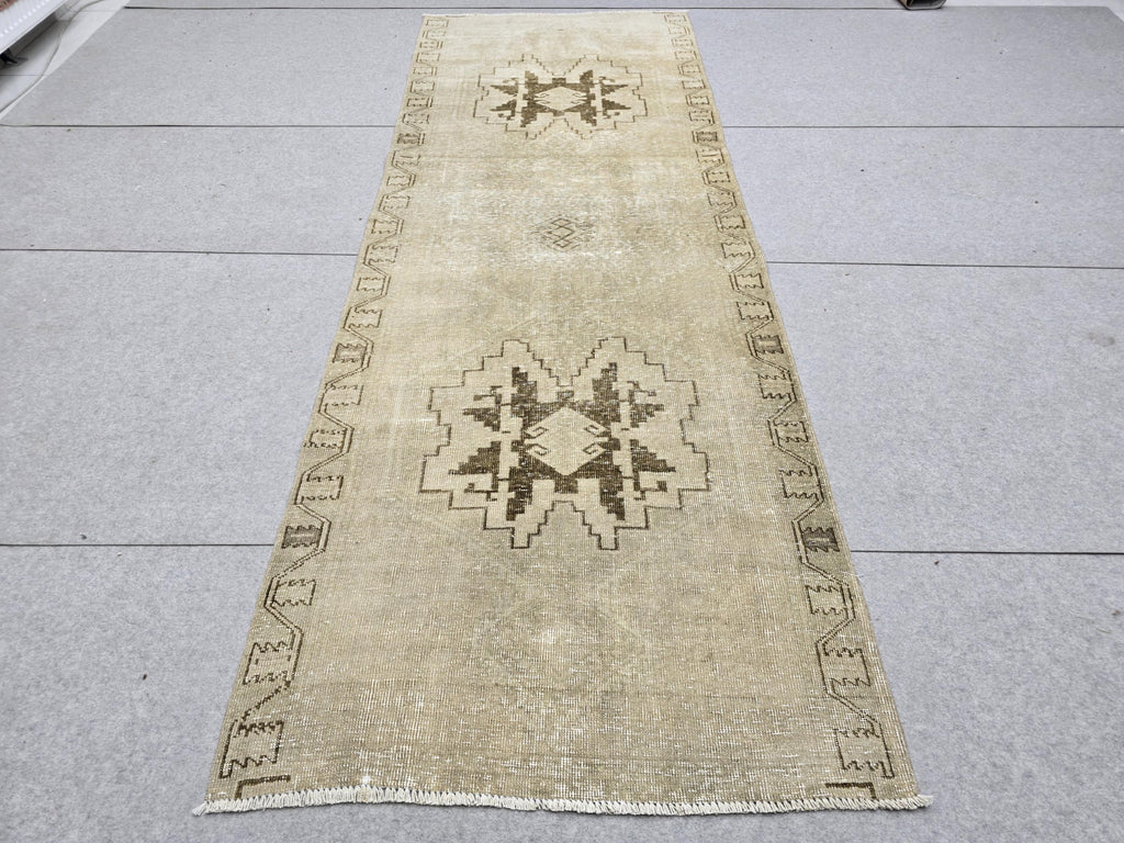 Turkish Rug 3.5x10 Runner, Wheat Brown Wool Rug for Entryway, Tribal Star Medallion Carpet, Neutral Stair Runner, Rustic Dining Decor