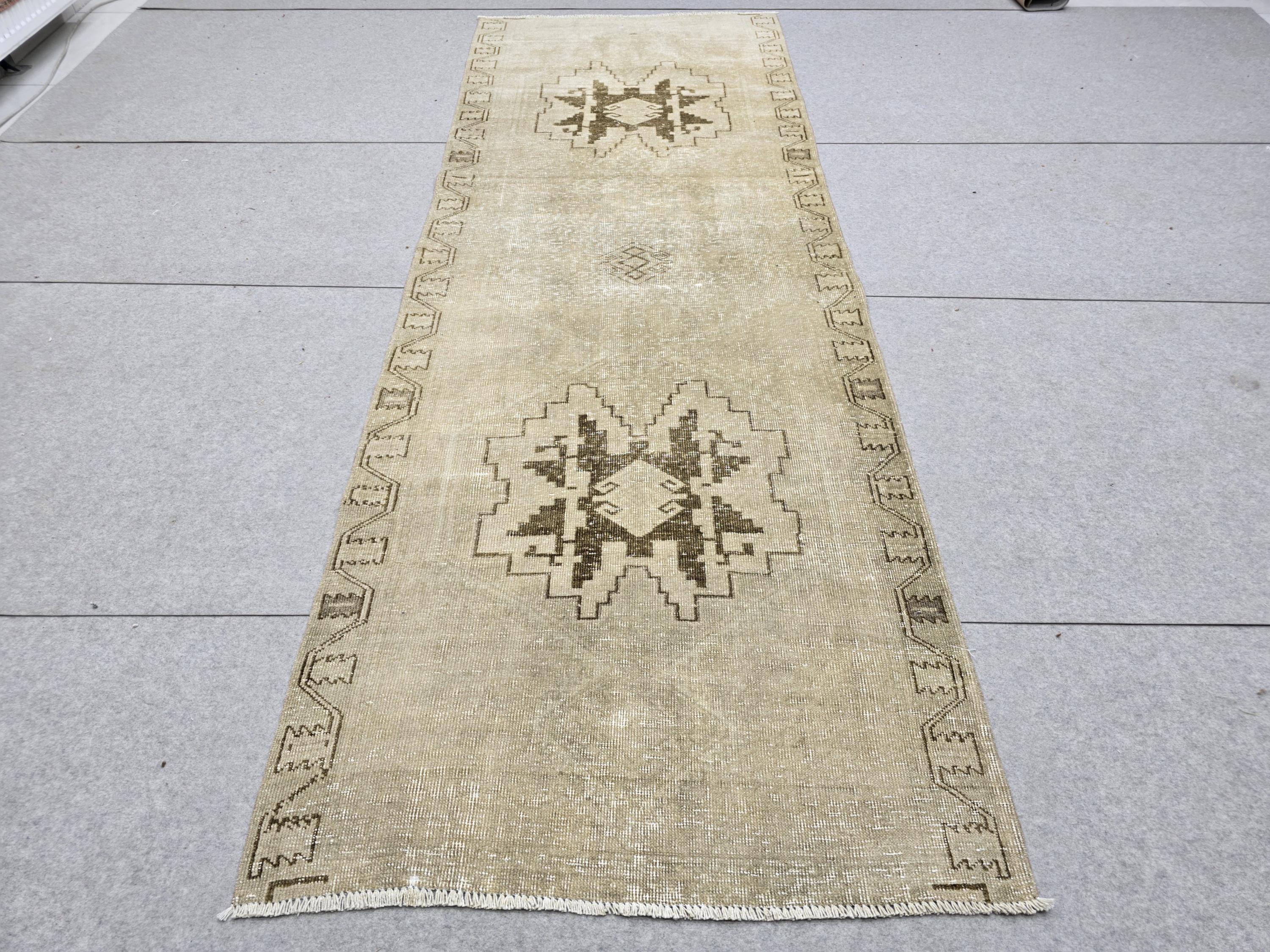 Turkish Rug 3.5x10 Runner, Wheat Brown Wool Rug for Entryway, Tribal Star Medallion Carpet, Neutral Stair Runner, Rustic Dining Decor