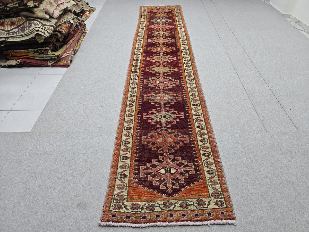 2.5x13 feet Vintage Wool Runner Rug: Muted Pastel Color Oriental Turkish Runner for Hallwa, Kitchen and stairs