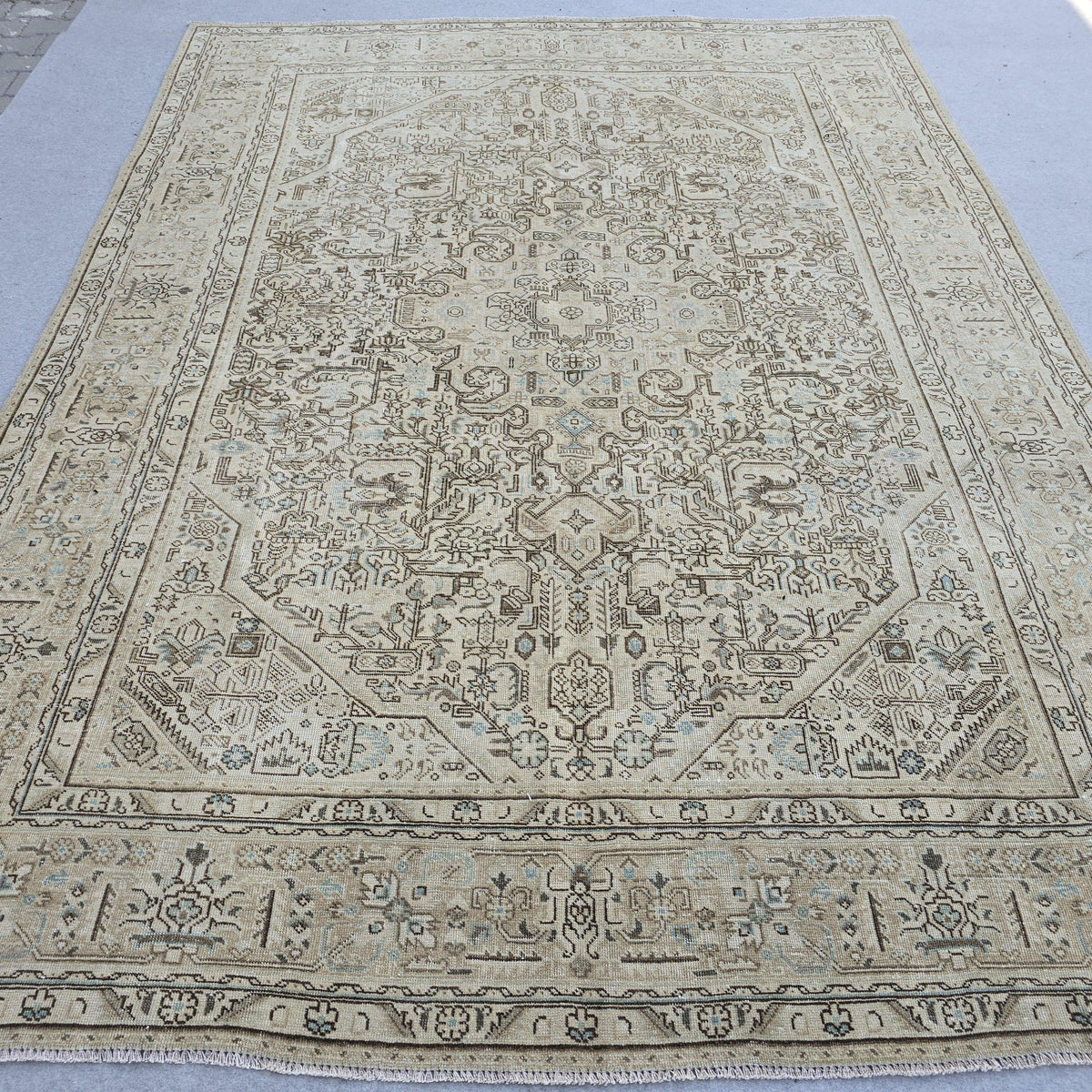 Oushak Rug 8x11 Muted Beige Heriz Medallion Hand Knotted Vintage Wool Area Carpet