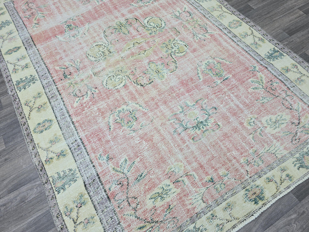 6x9 Vintage Turkish Oushak Rug: Pink Floral Wool Carpet