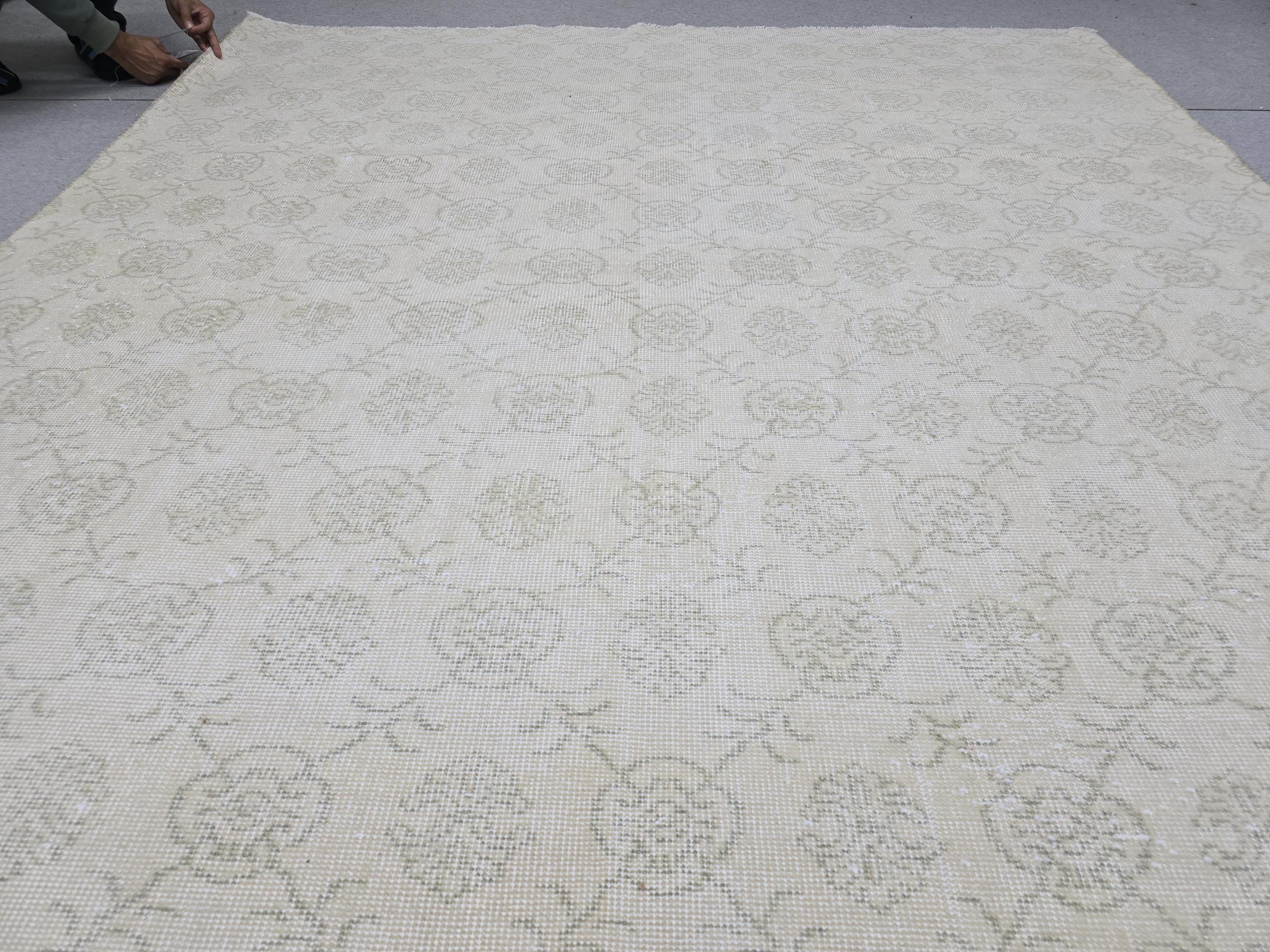 7x11 Vintage Turkish Oushak Rug, Handknotted Ivory Floral Wool Carpet