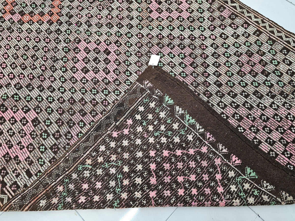 Handmade Wool Checkered Rug: 6x10.75 ft Vintage Eclectic Carpet