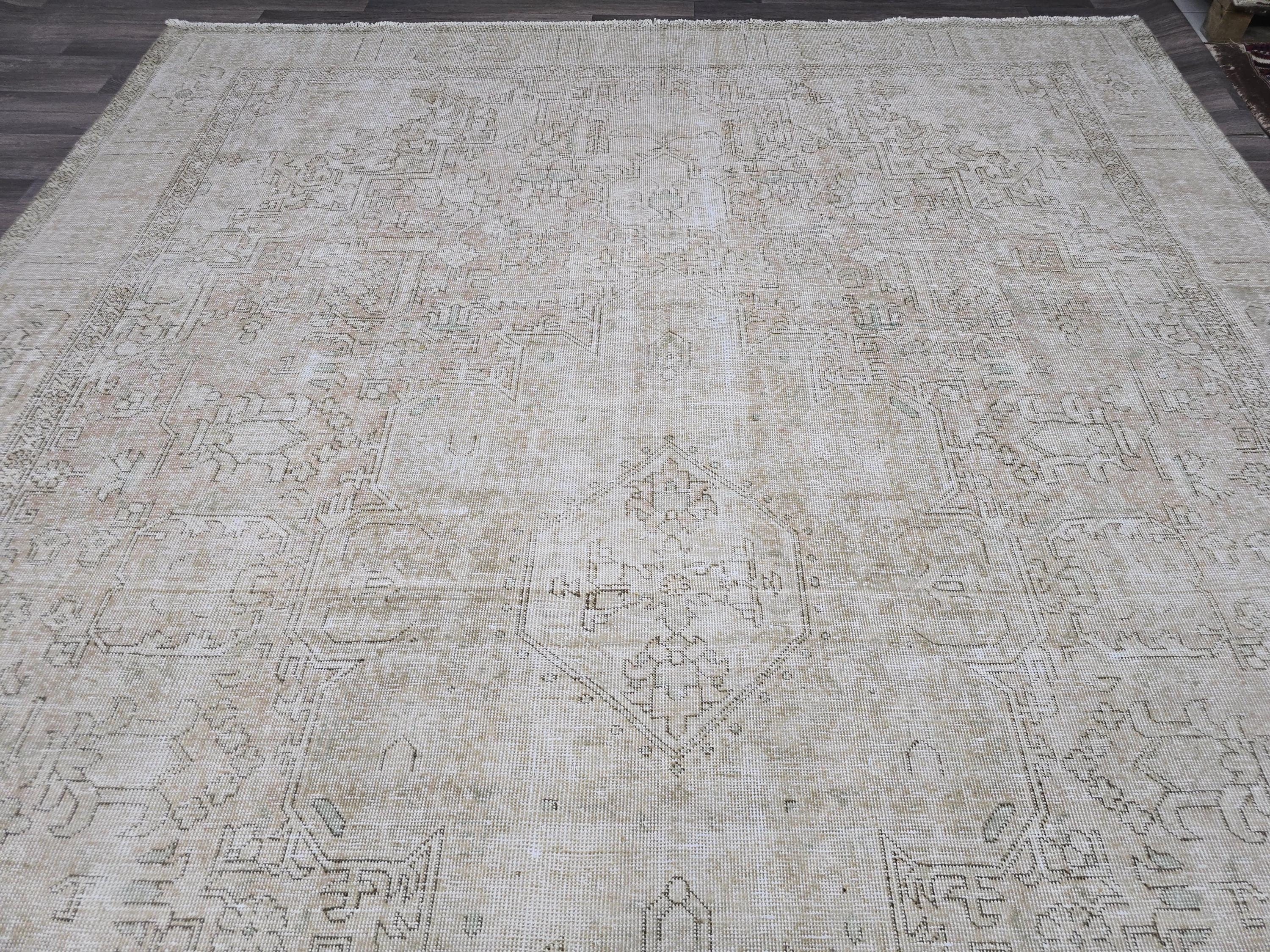 Oushak Rug 9x12 Neutral Hand Knotted Vintage Oversize Turkish Rug Geometric // 9.50x12.50 feet