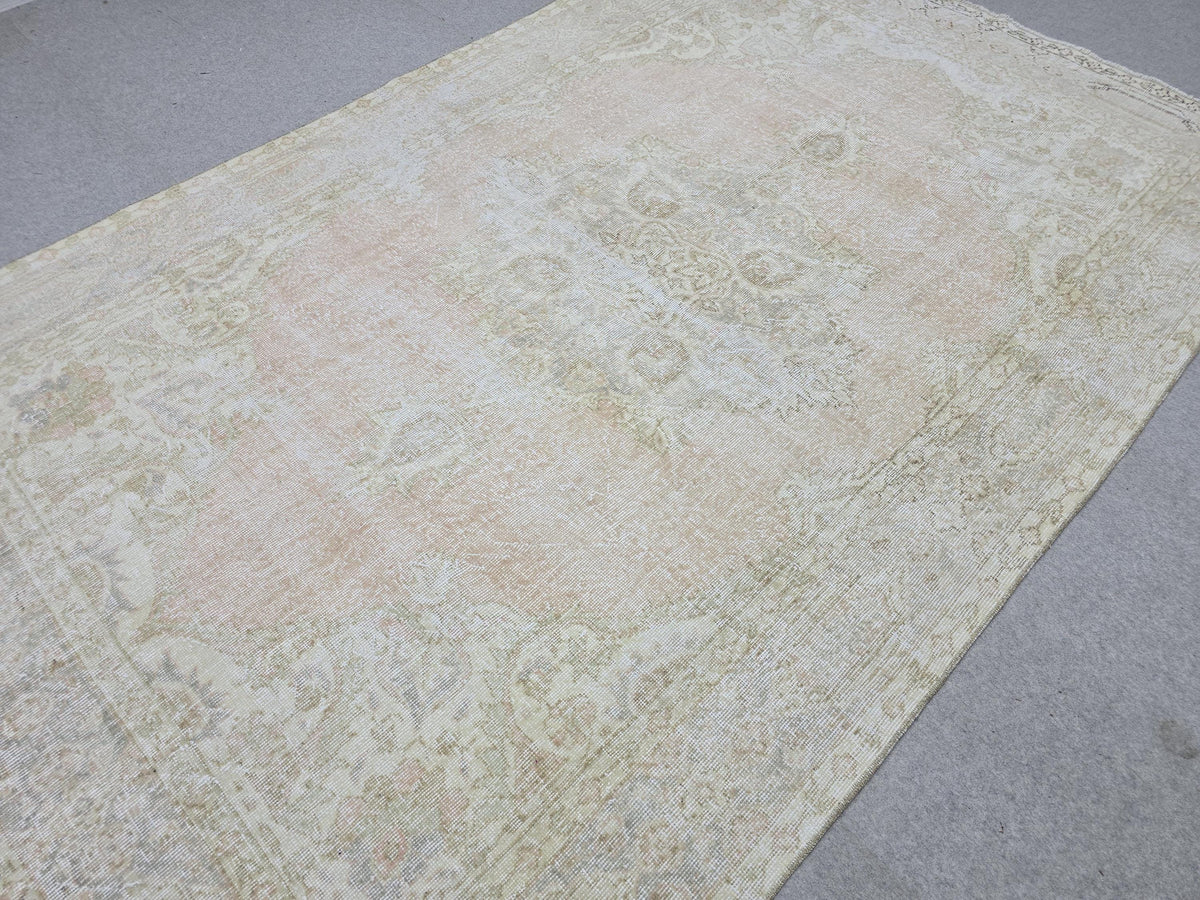 Vintage Rug 6x9, Faded Oushak Carpet, Muted Medallion Turkish Area Rug for Bedroom, Distressed Neutral Wool Rug