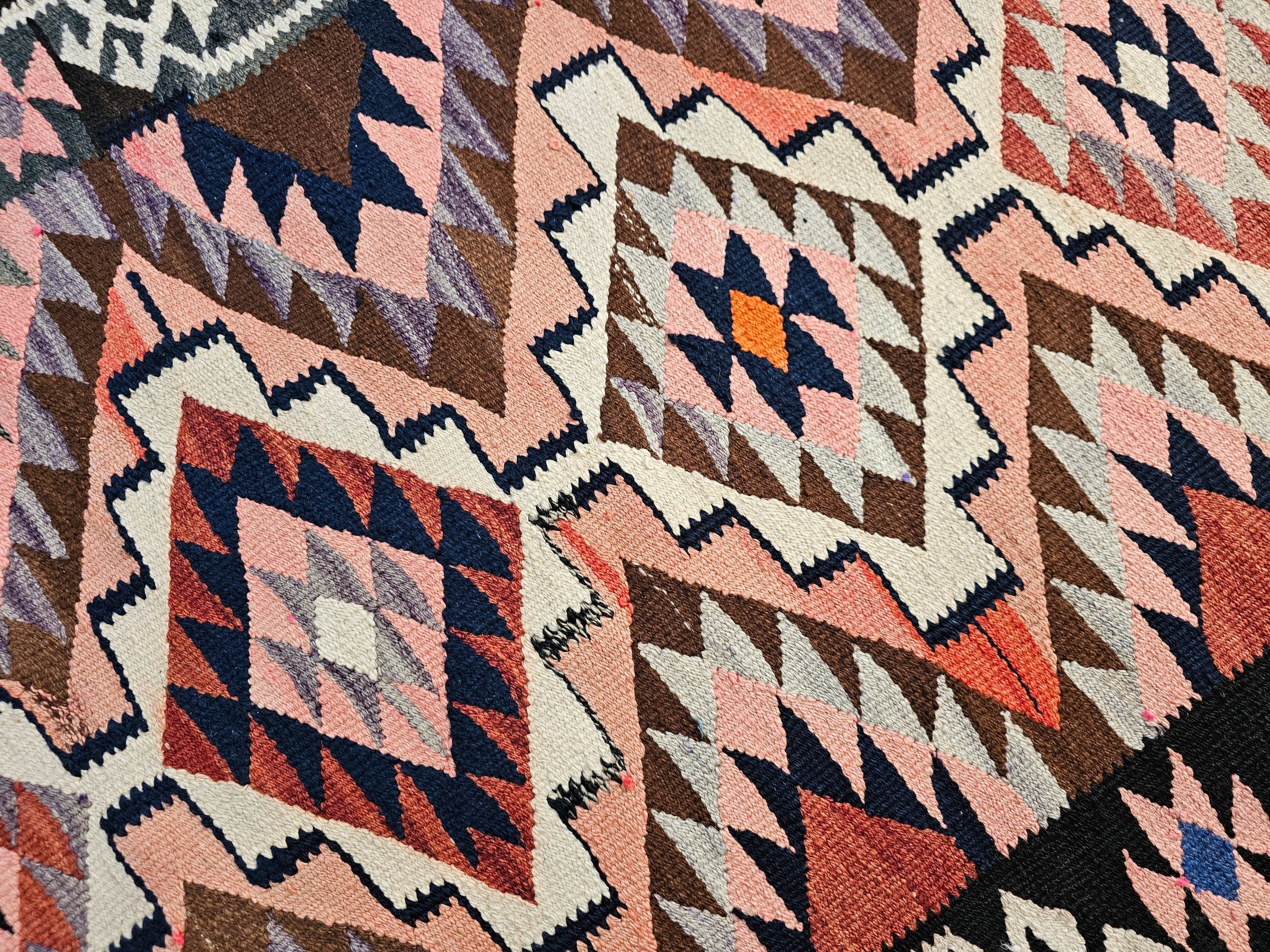 Geometric Wool Turkish Runner Rug: Vintage Oushak Design, 3x11 ft