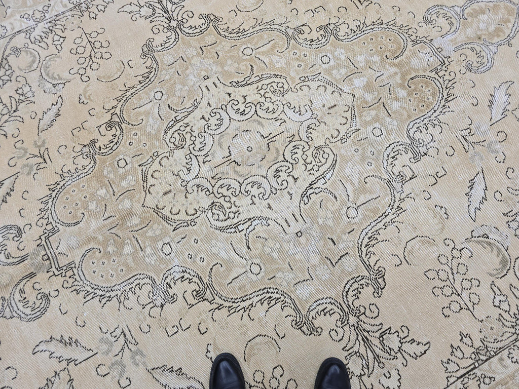 9x12 Oversized Vintage Oushak Rug: Distressed Tan Wool Medallion
