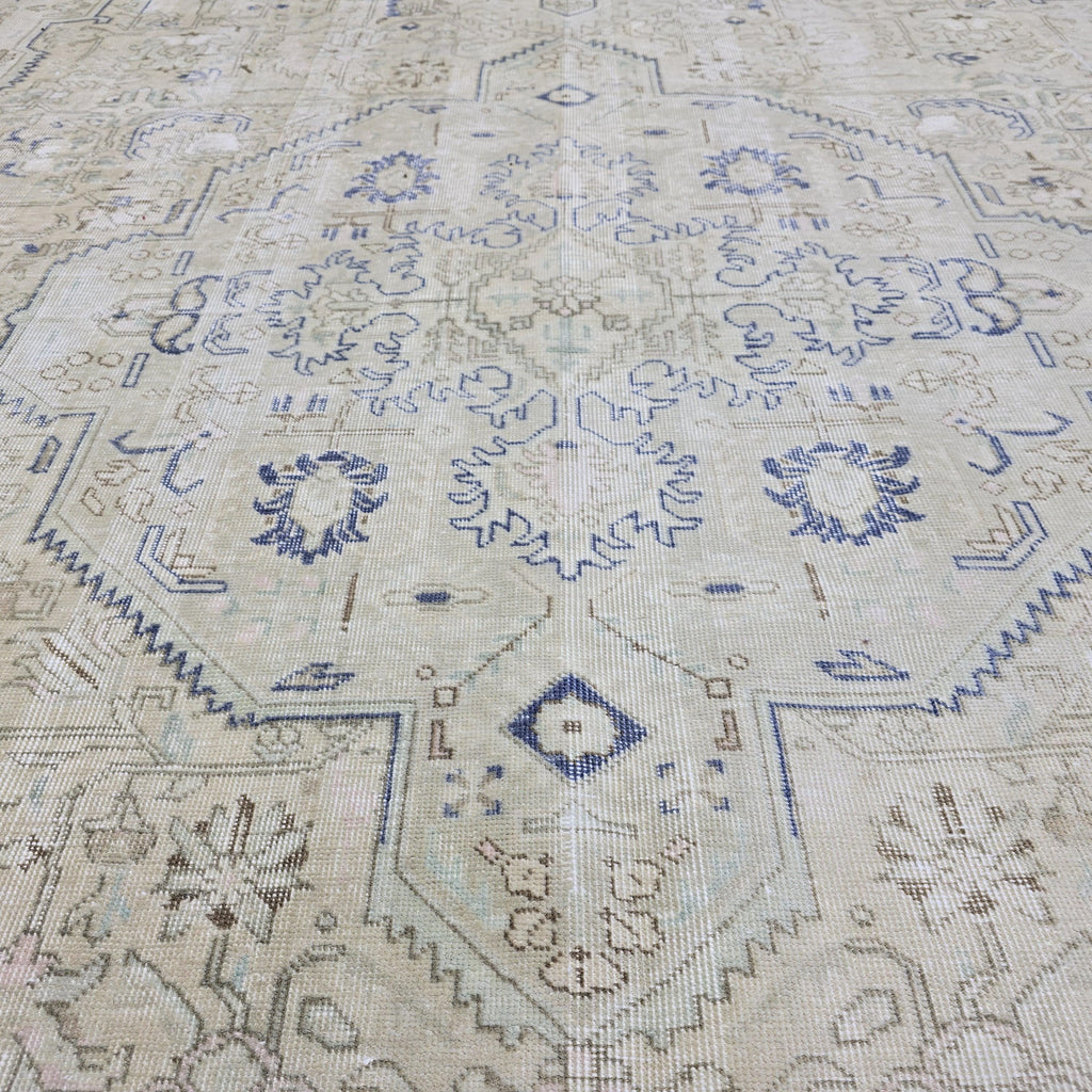 Antique Turkish Rug 10x12 Blue Cream Medallion Vintage Wool Area Rug Bedroom